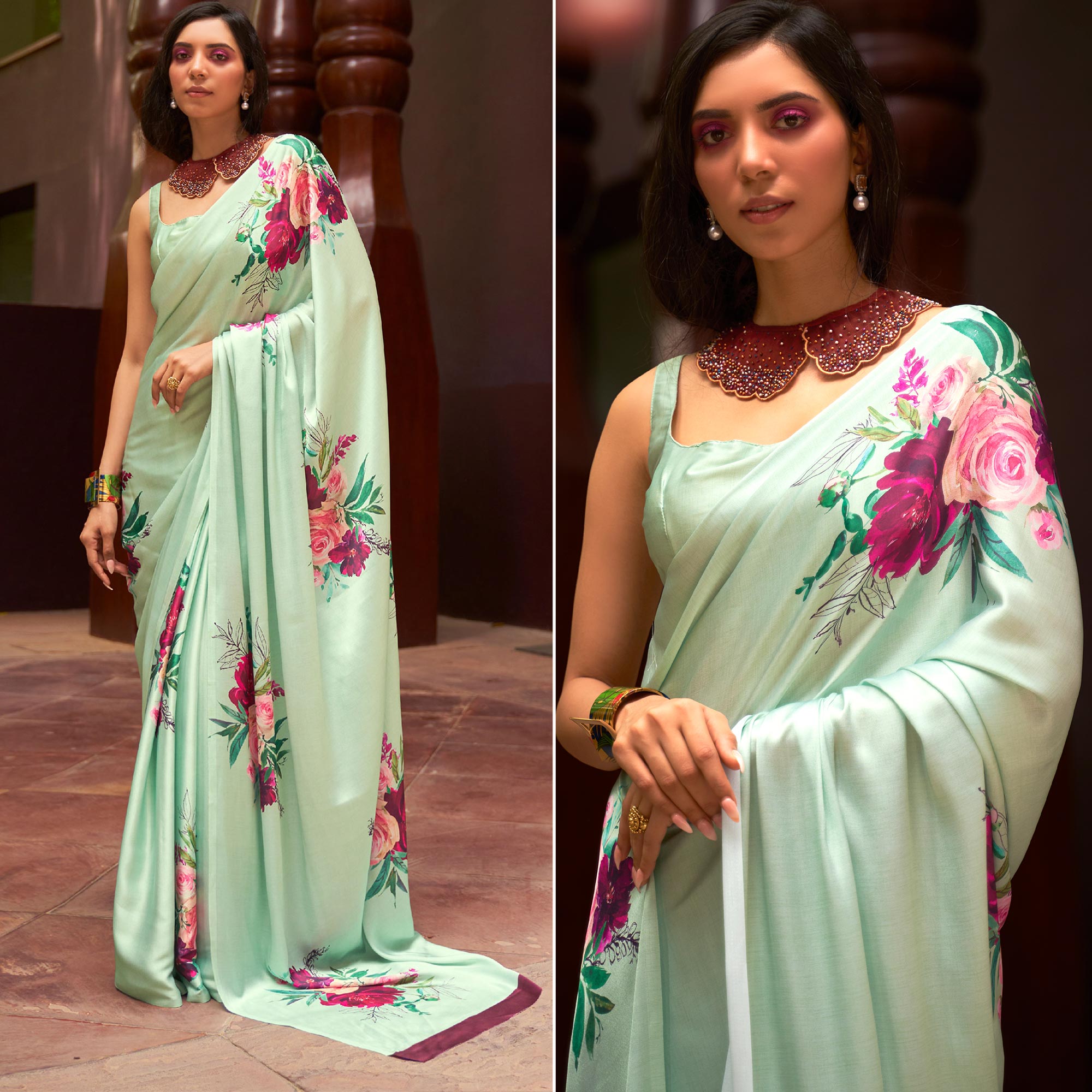 Green Floral Digital Printed Satin Saree