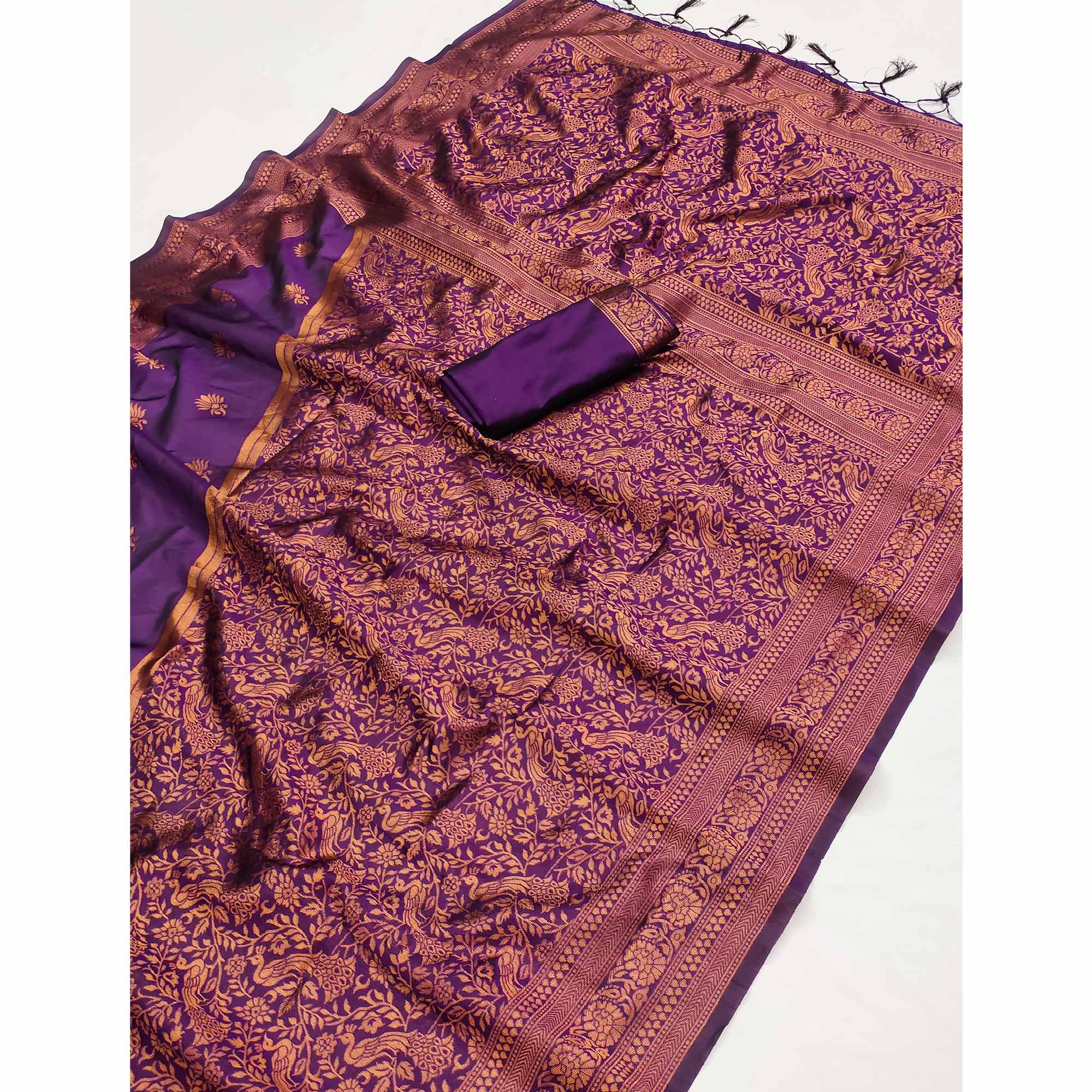 Purple Woven Art Silk Saree With Tassels