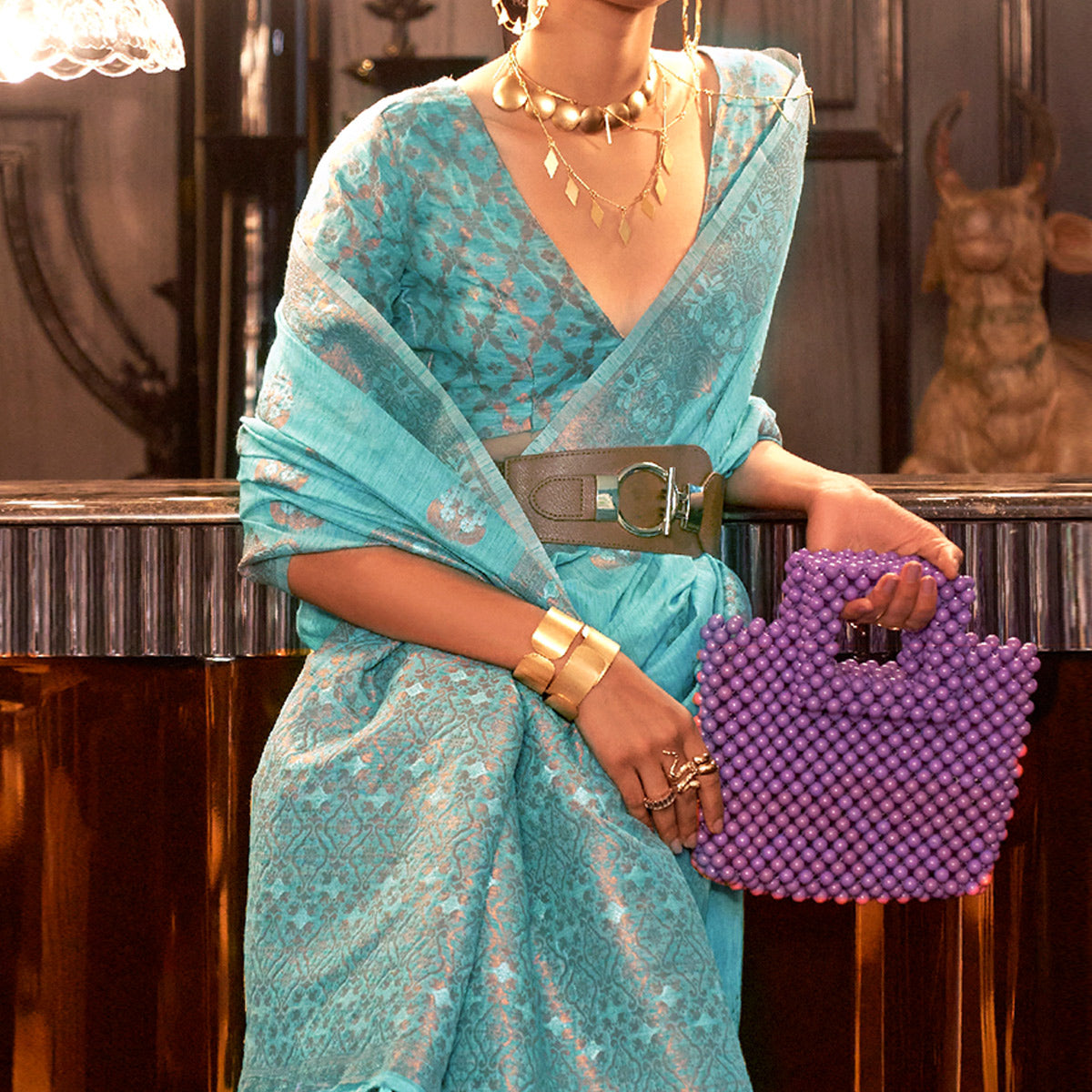 Sky Blue Woven Linen Saree With Tassels