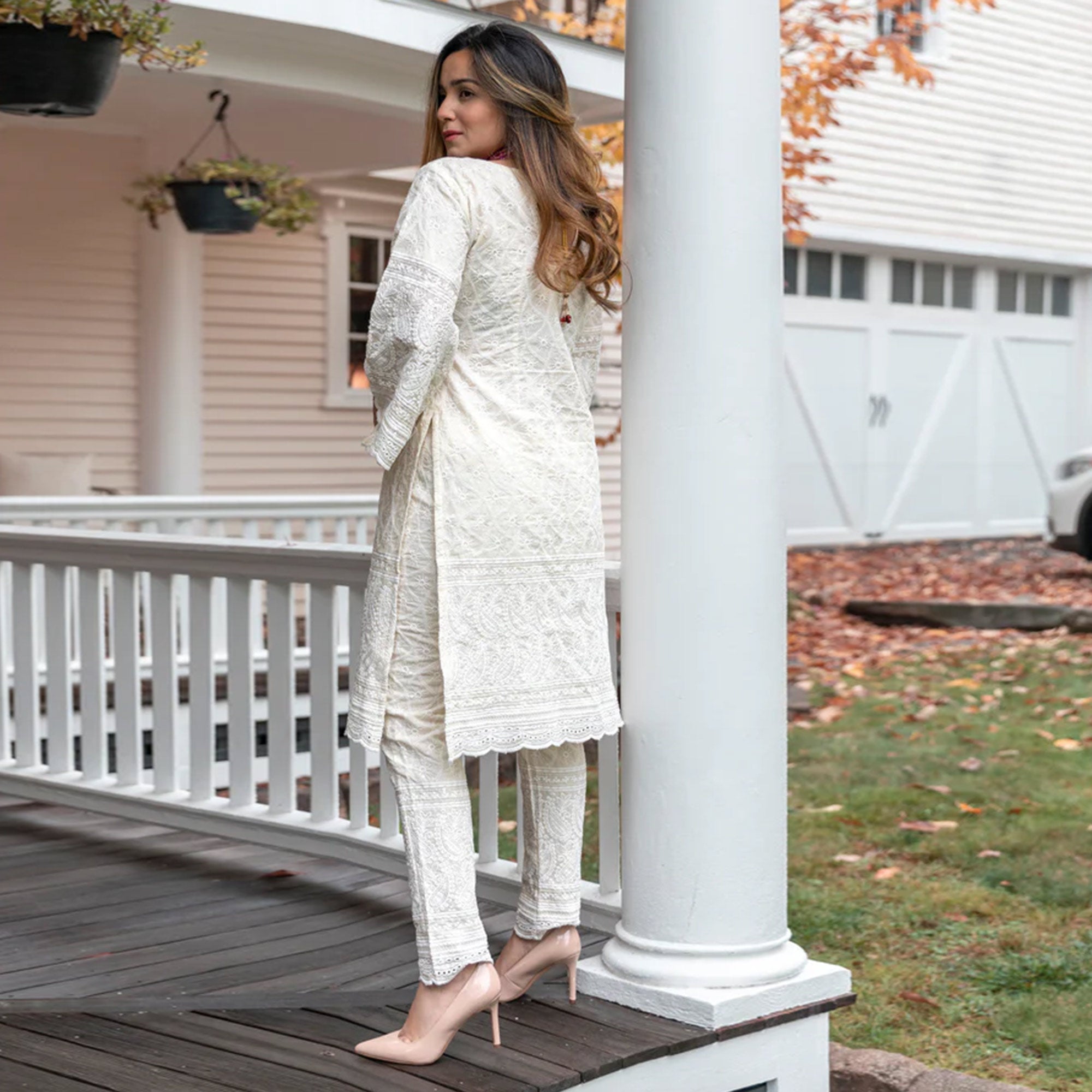 White Lucknowi Embroidered Pure Cotton Kurti Pant Set