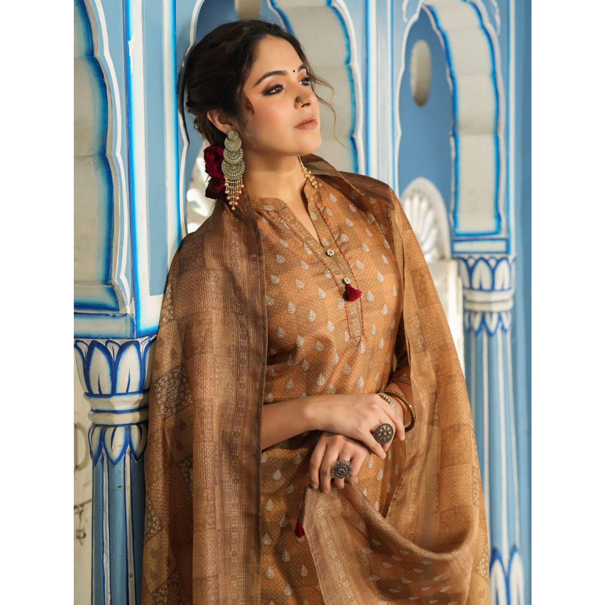 Brown Checked Printed Rayon Suit