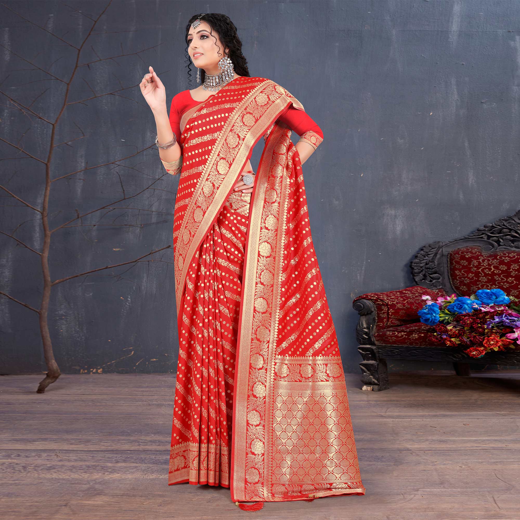 Red Woven Banarasi Silk Saree With Tassels