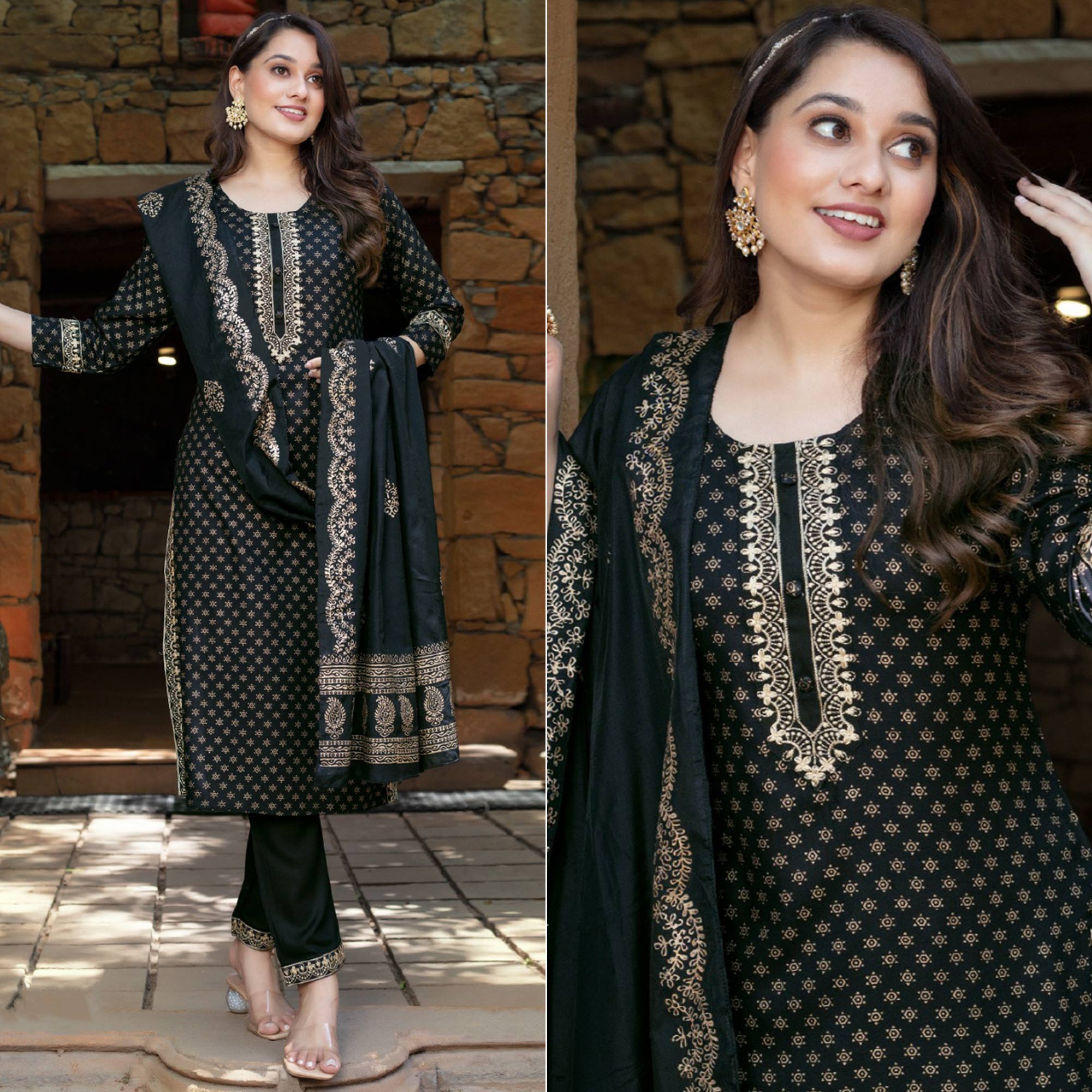 Black Printed Rayon Salwar Suit