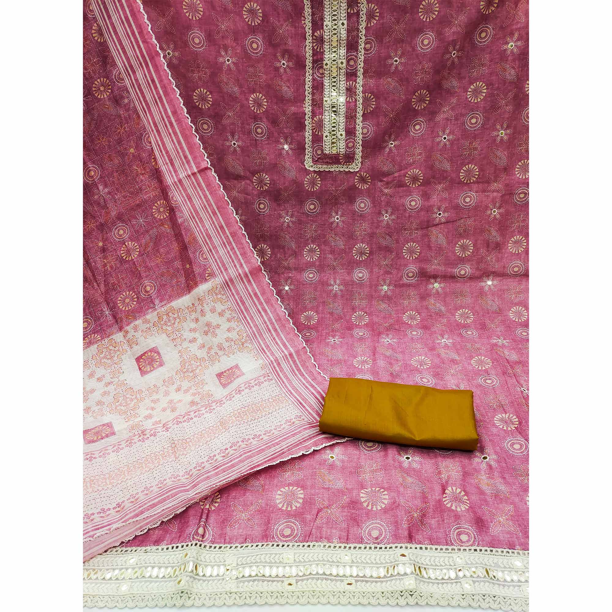 Pink Embroidered With Digital Printed Chanderi Dress Material