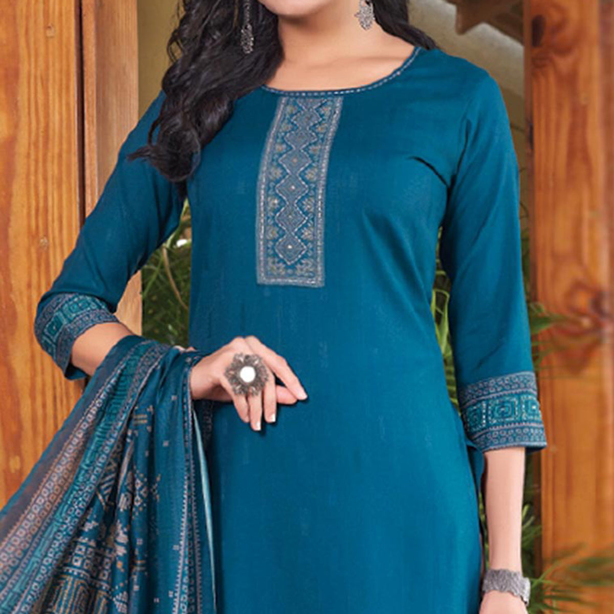 Blue Embroidered Rayon Kurti With Dupatta
