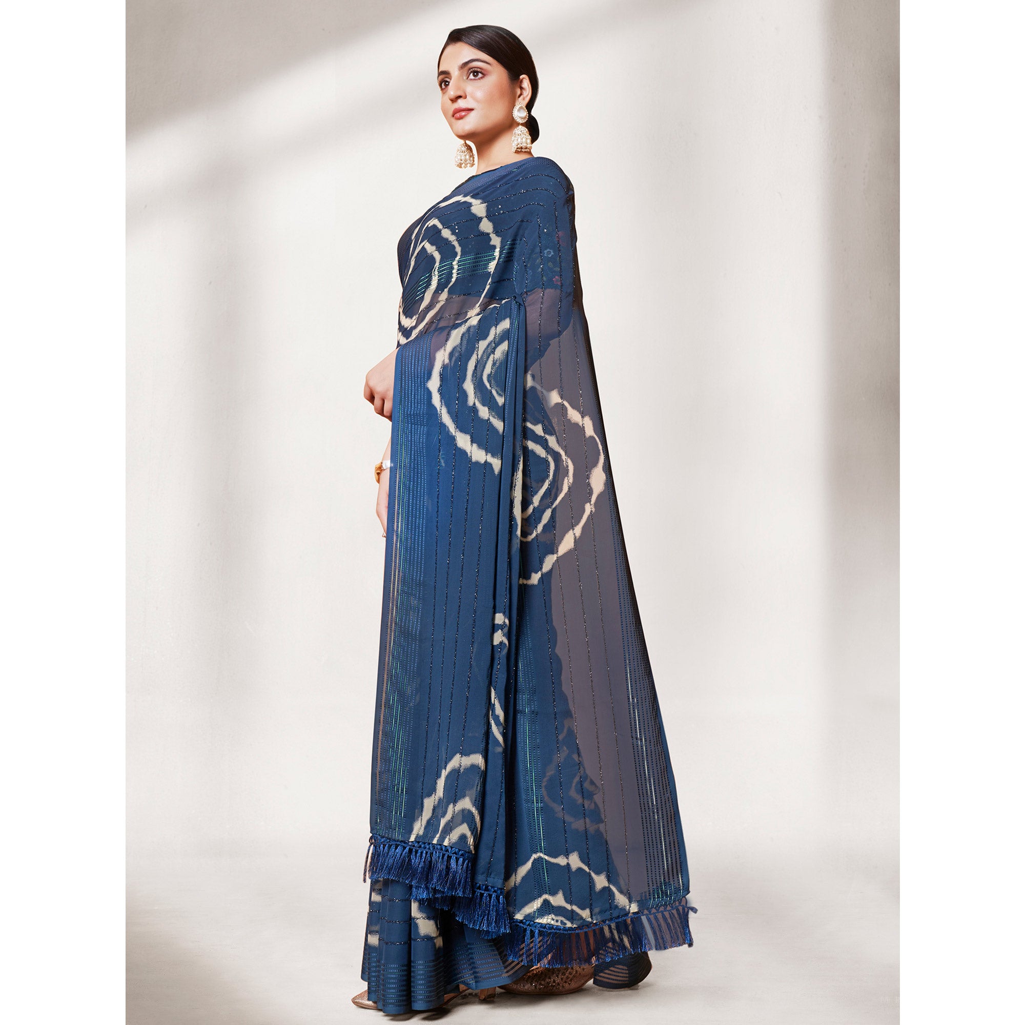 Teal Blue Printed Wiht Embroidered Georgette Saree