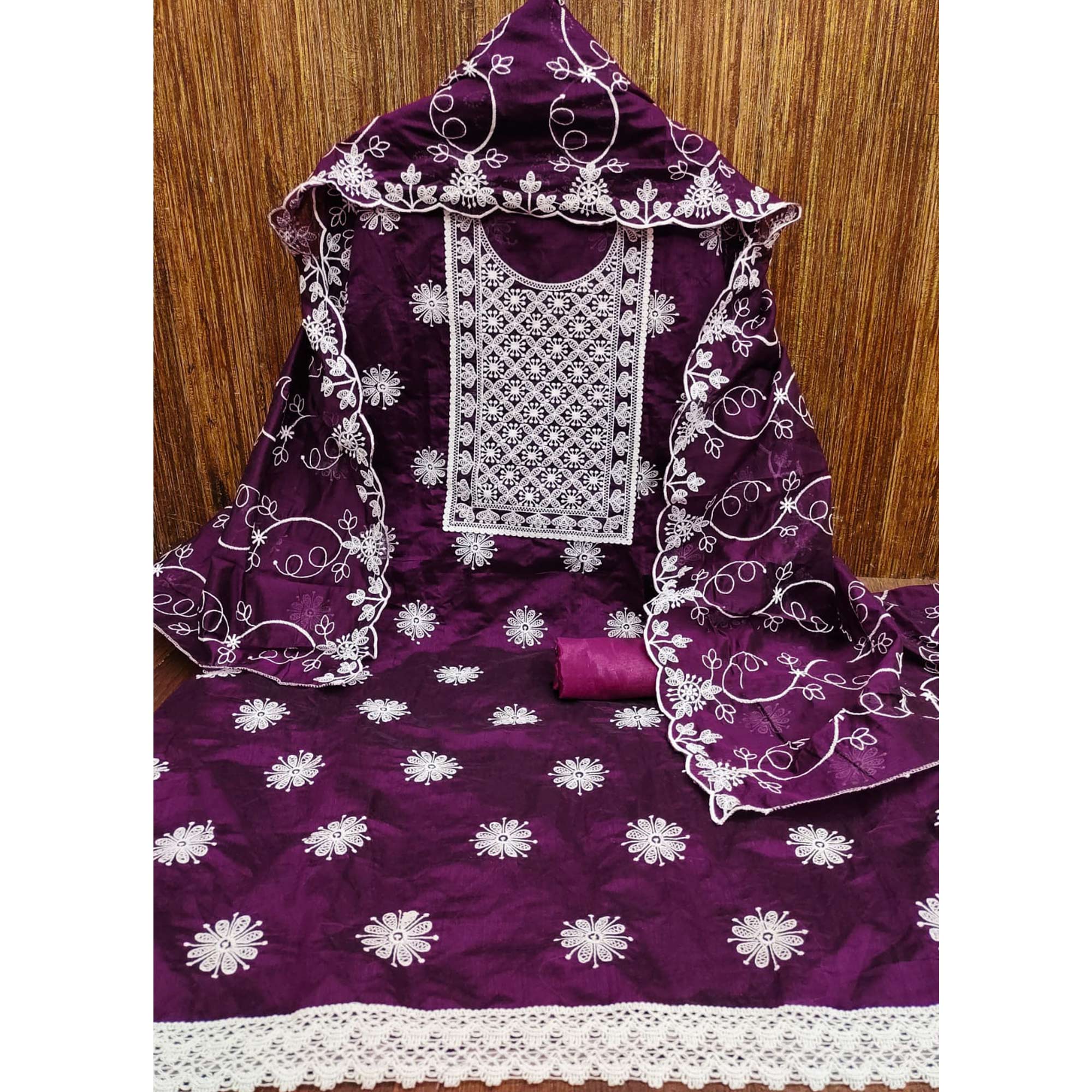 Wine Floral Embroidered Chanderi Dress Material