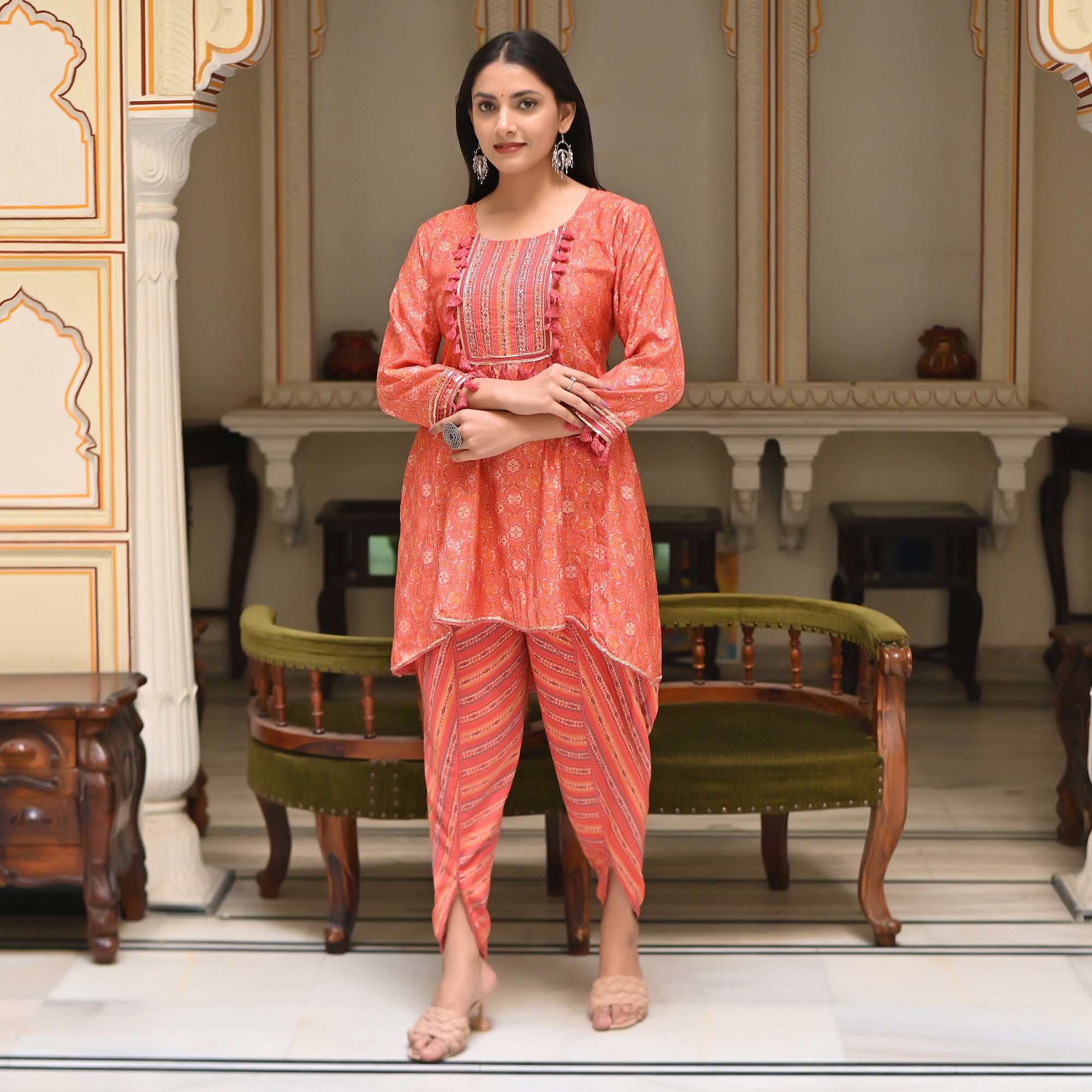 Peach Printed Muslin Kurti With Dhoti Set