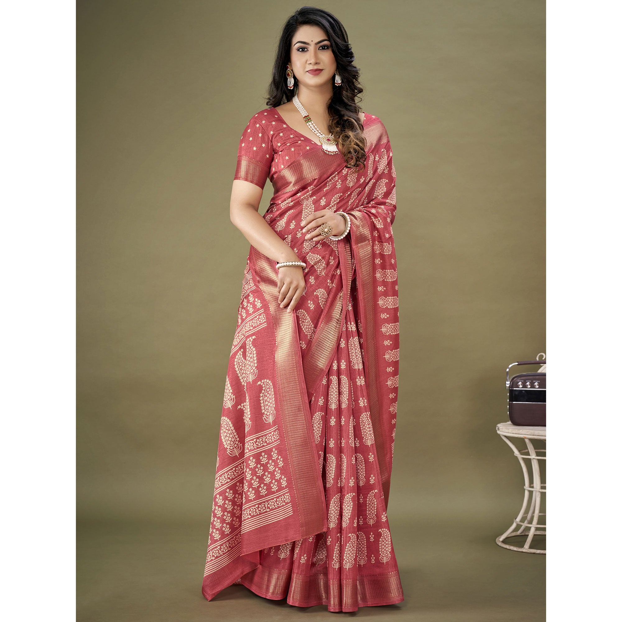 Pink Floral Printed Dola Silk Saree