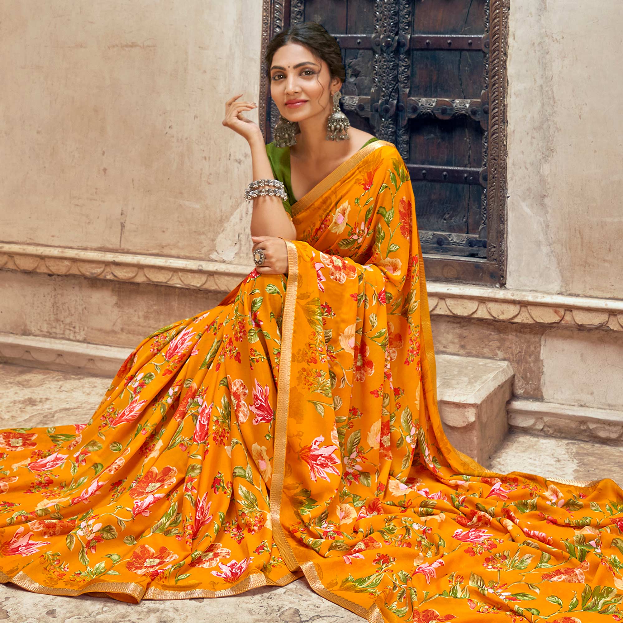 Orange Floral Printed Chiffon Saree