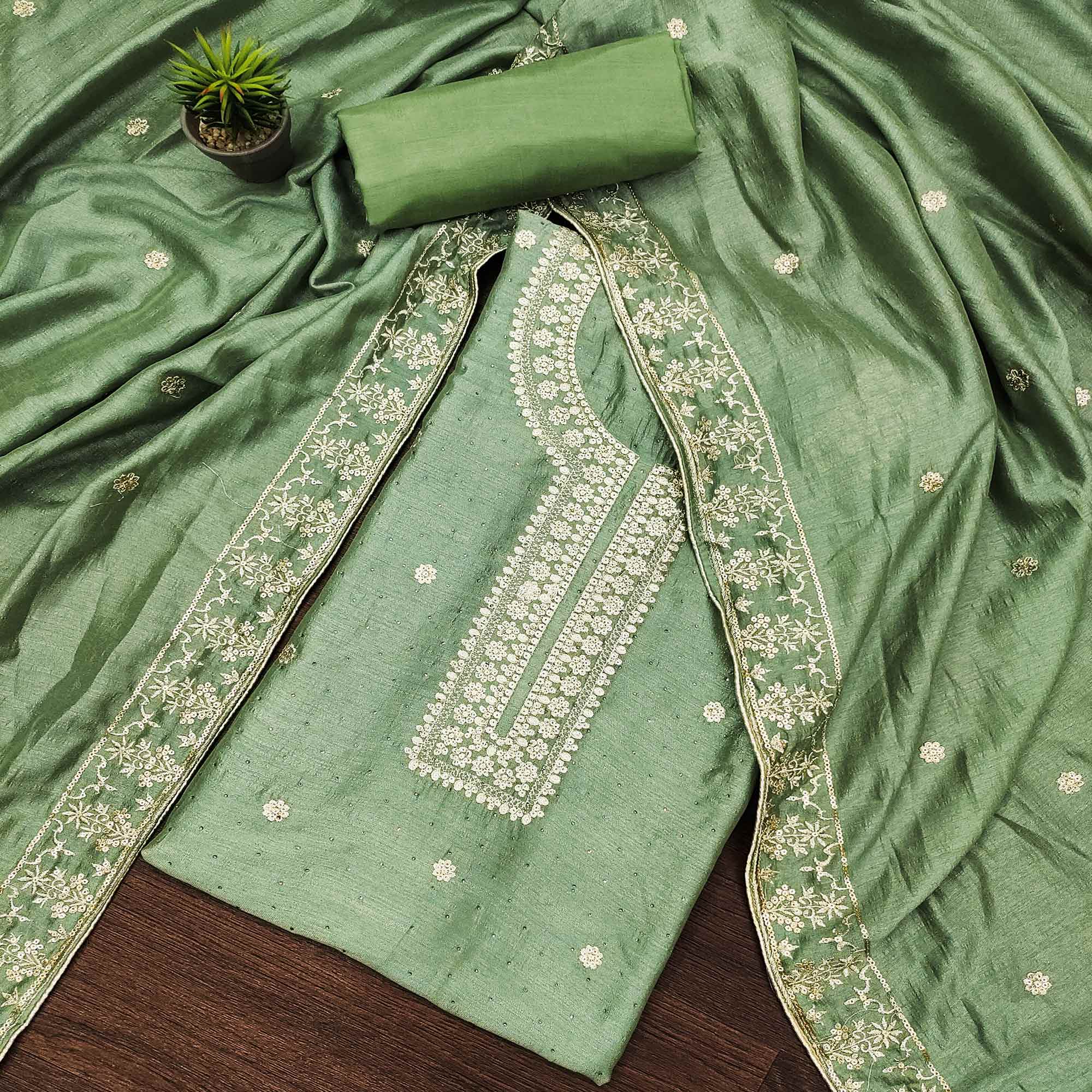 Green Floral Embroidered Modal Dress Material