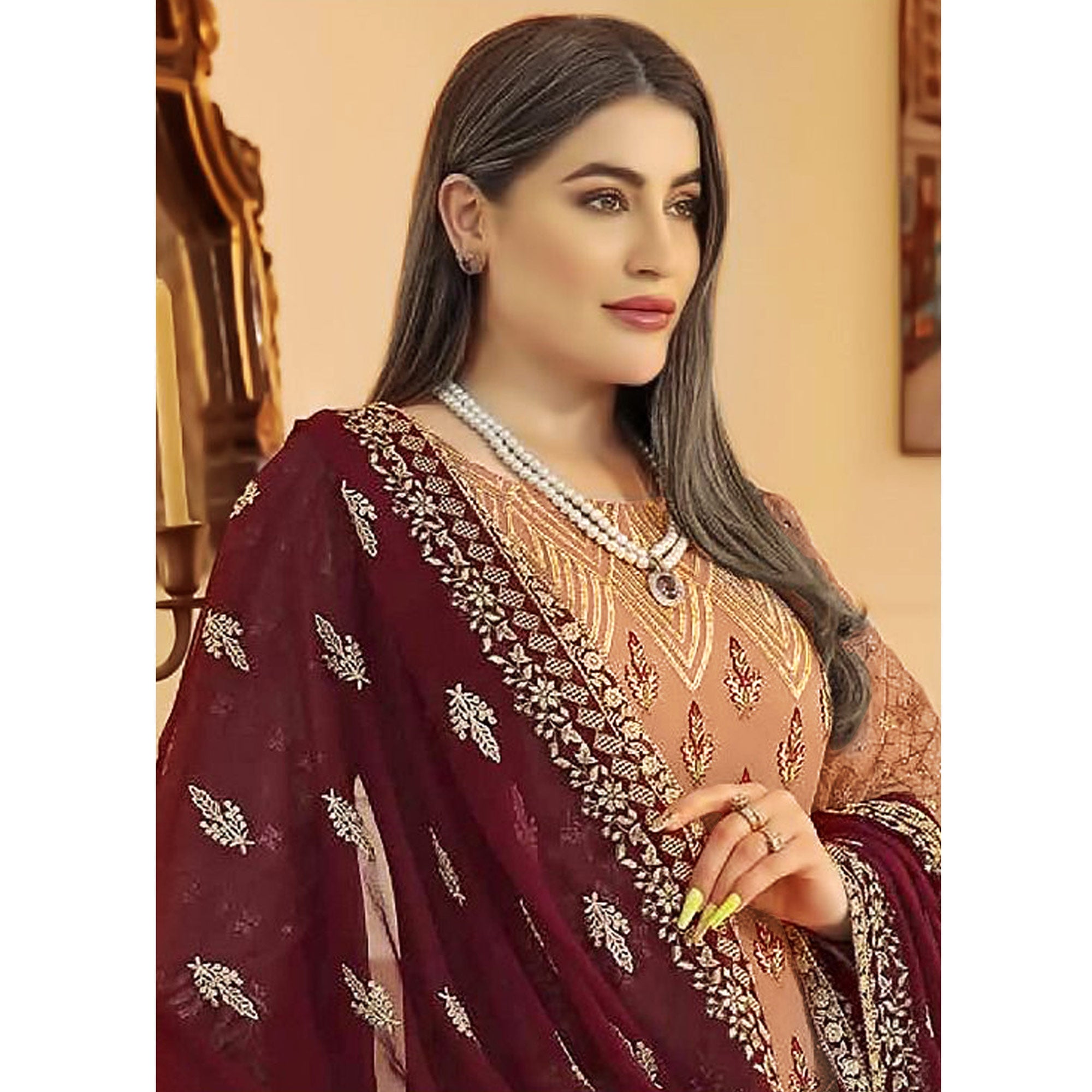 Peach Sequins Embroidered Georgette Pakistani Suit