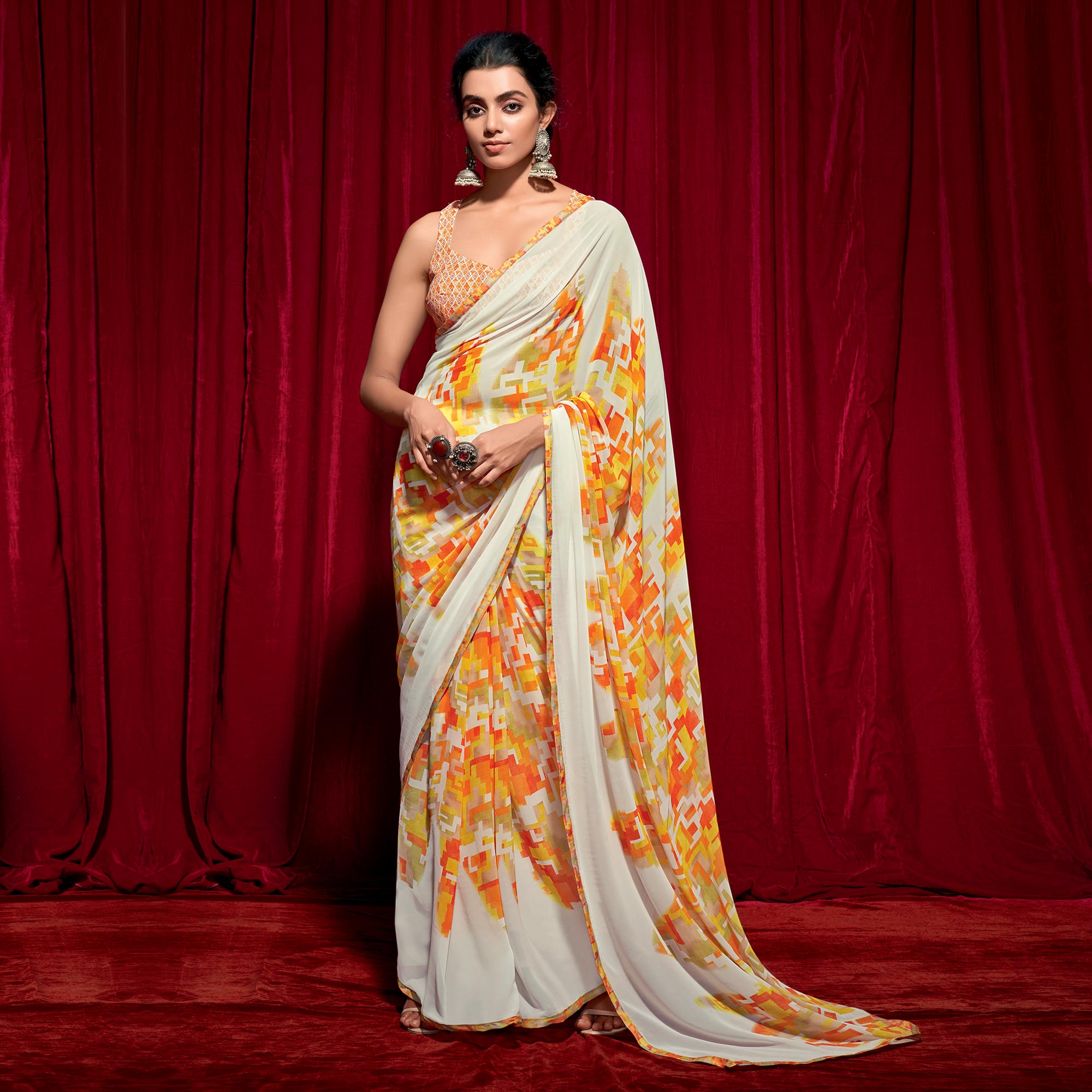 Orange Printed Georgette Saree