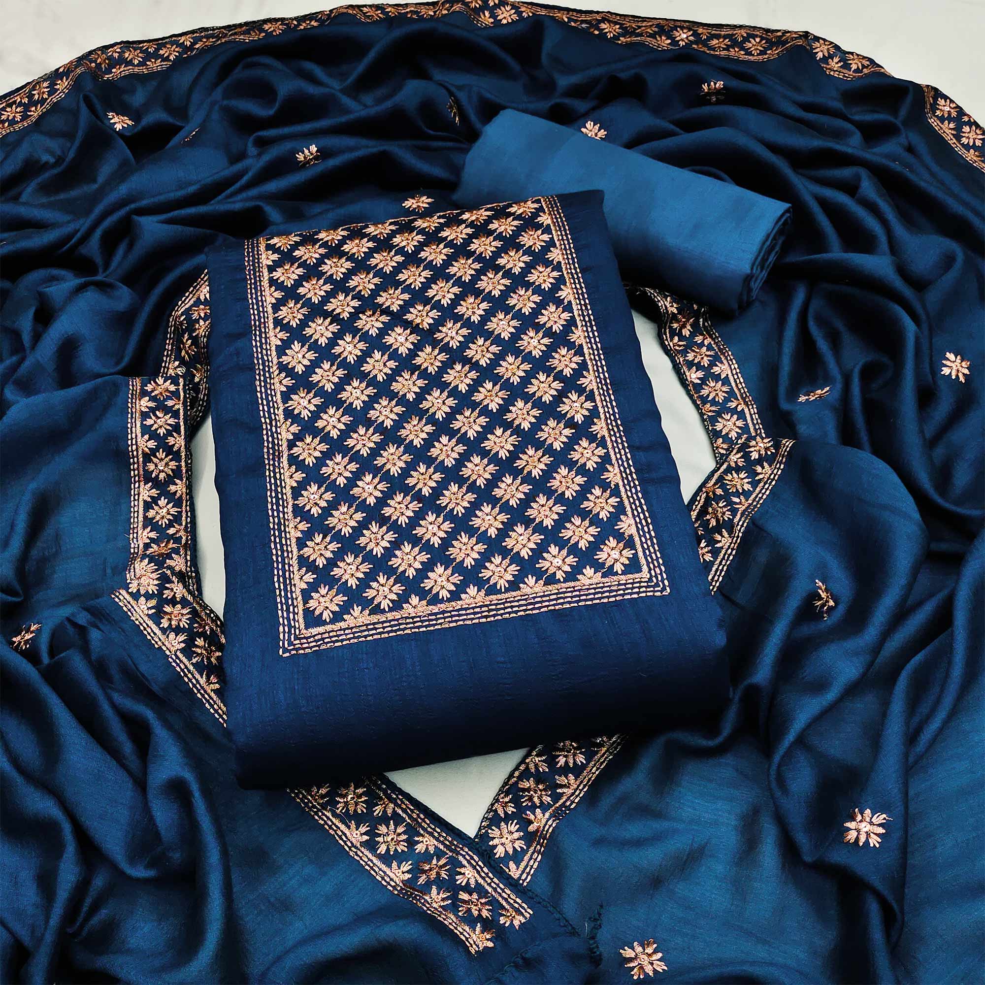 Blue Embroidered Modal Dress Material