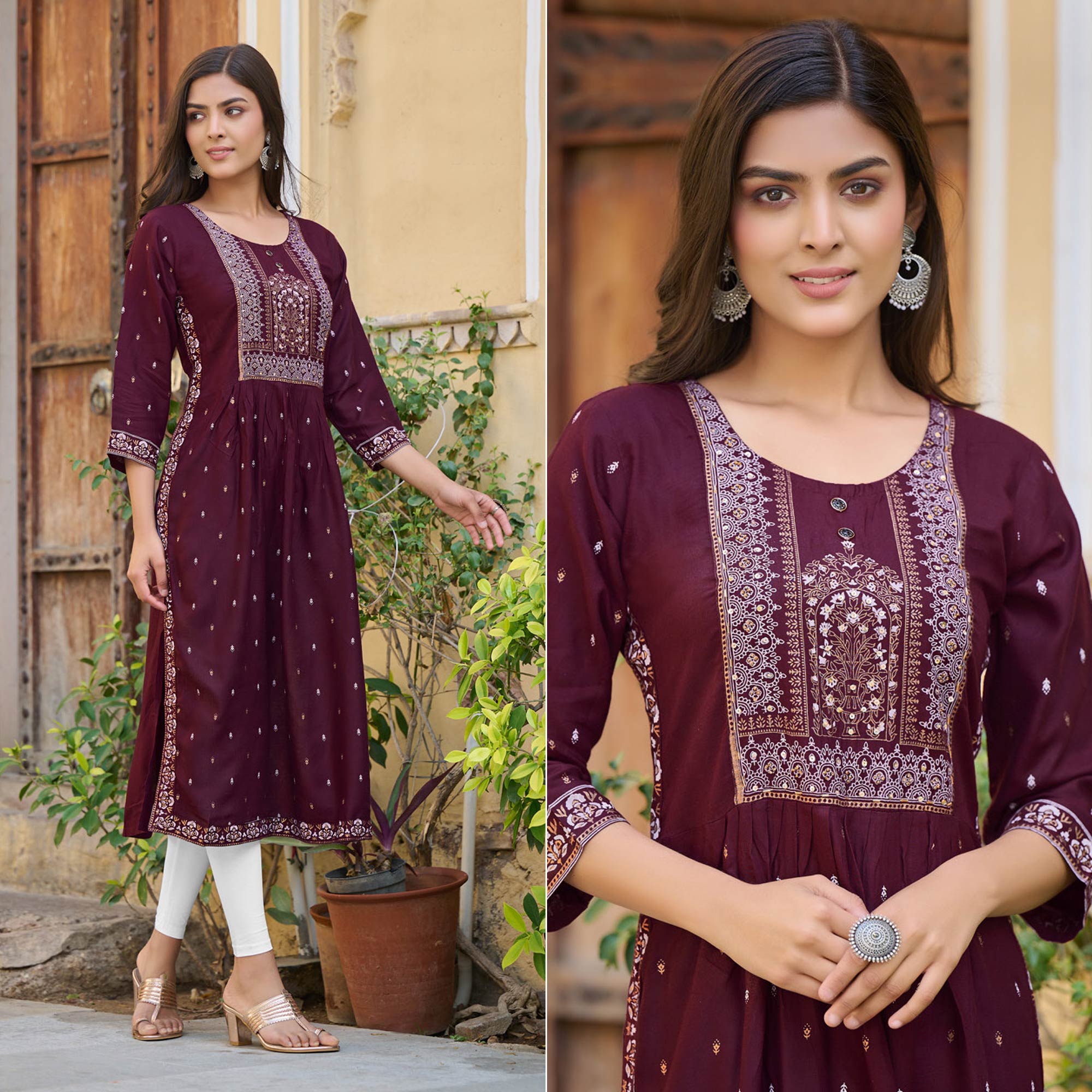 Wine Printed Rayon Naira Cut Kurti