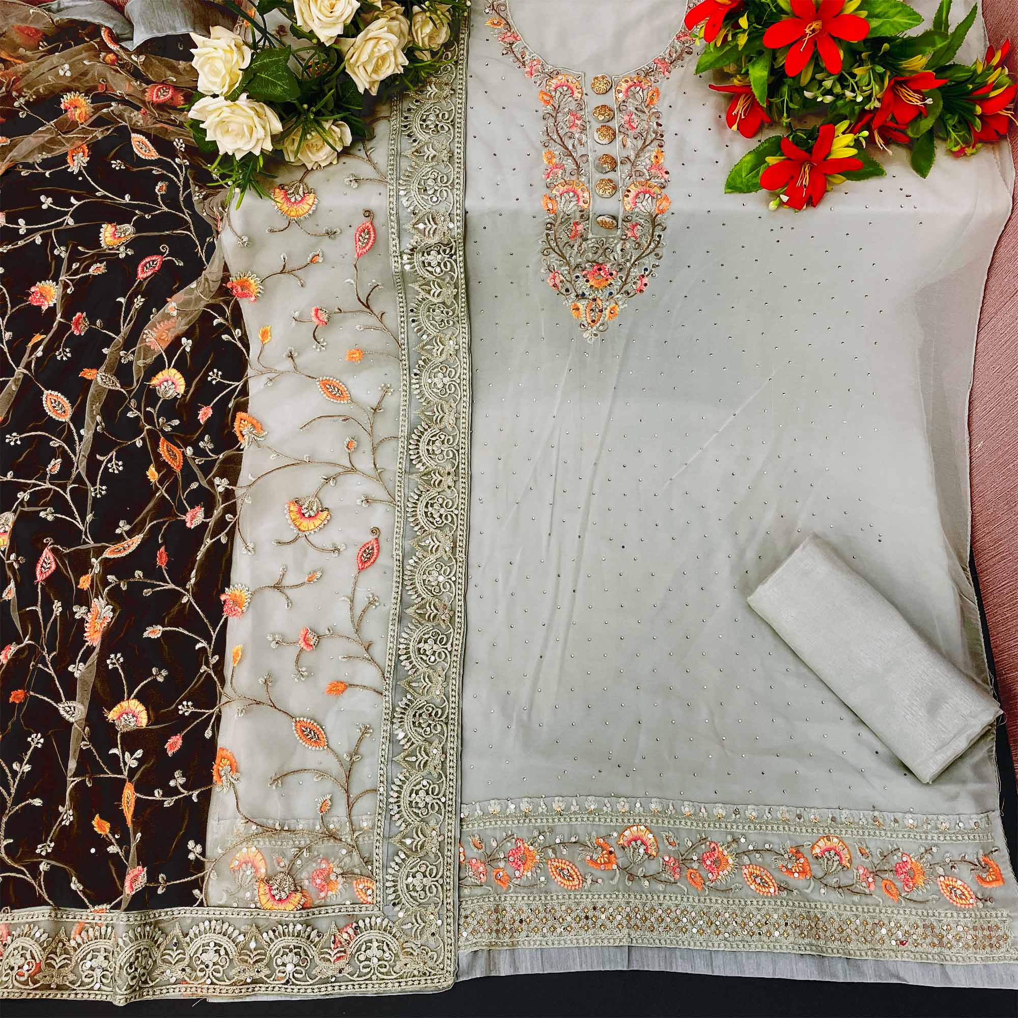 Grey Floral Embroidered Georgette Salwar Suit