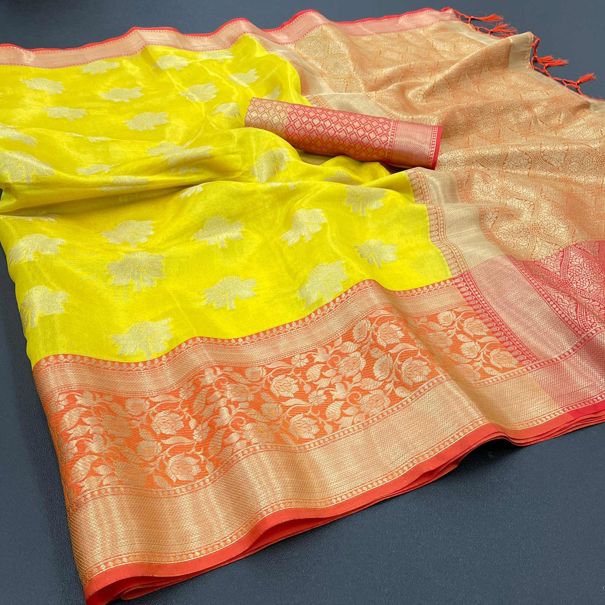 Yellow Woven Art Silk Saree With Tassels