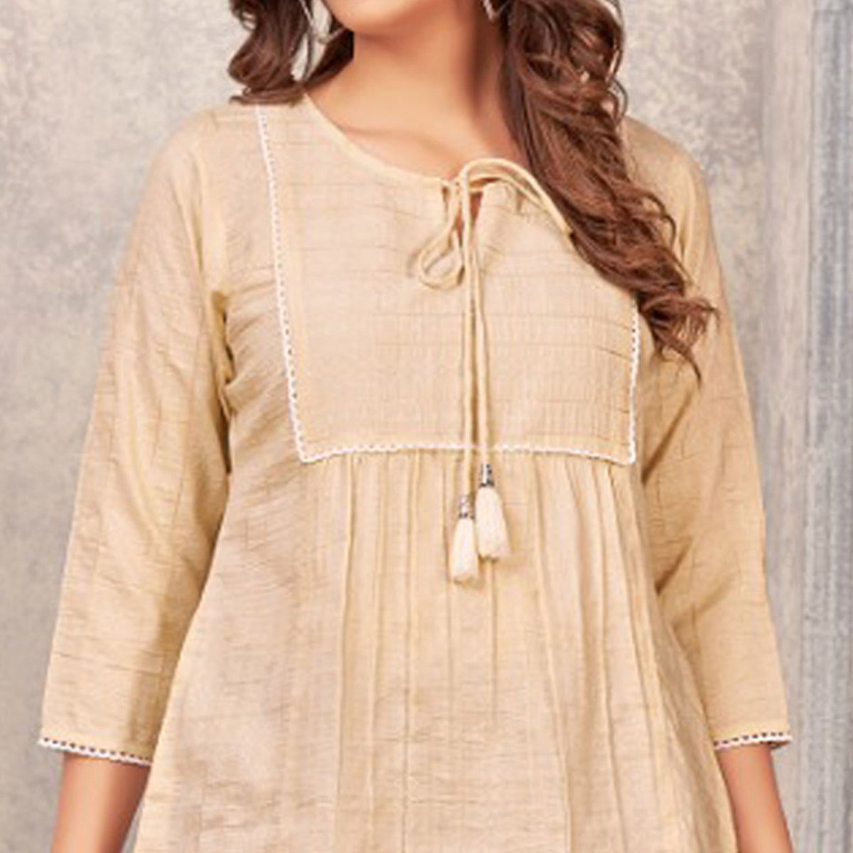 Beige Embroidered Cotton Silk Top