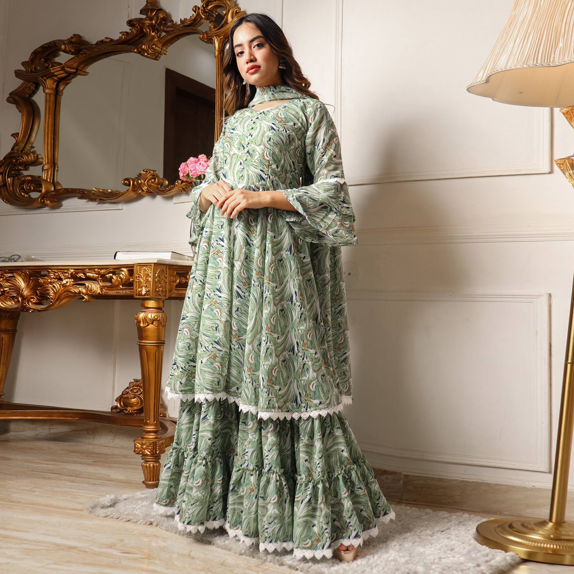 Green Printed Georgette Sharara Suit With Crosia border