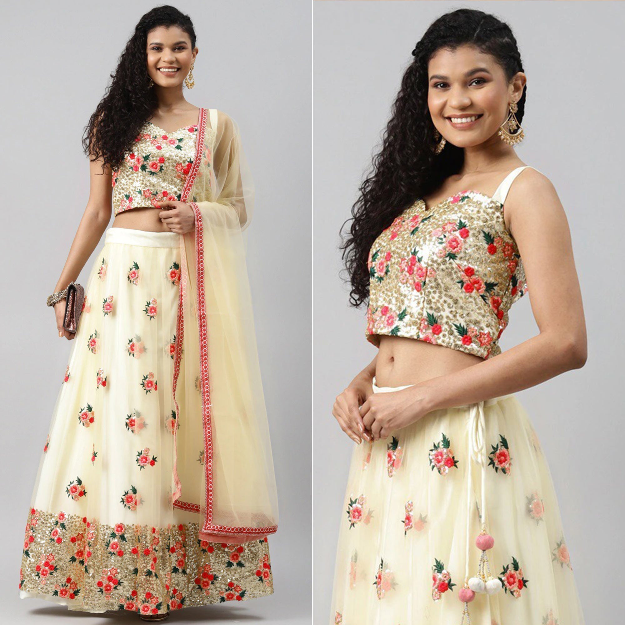 Cream Floral Embroidered Netted Lehenga Choli