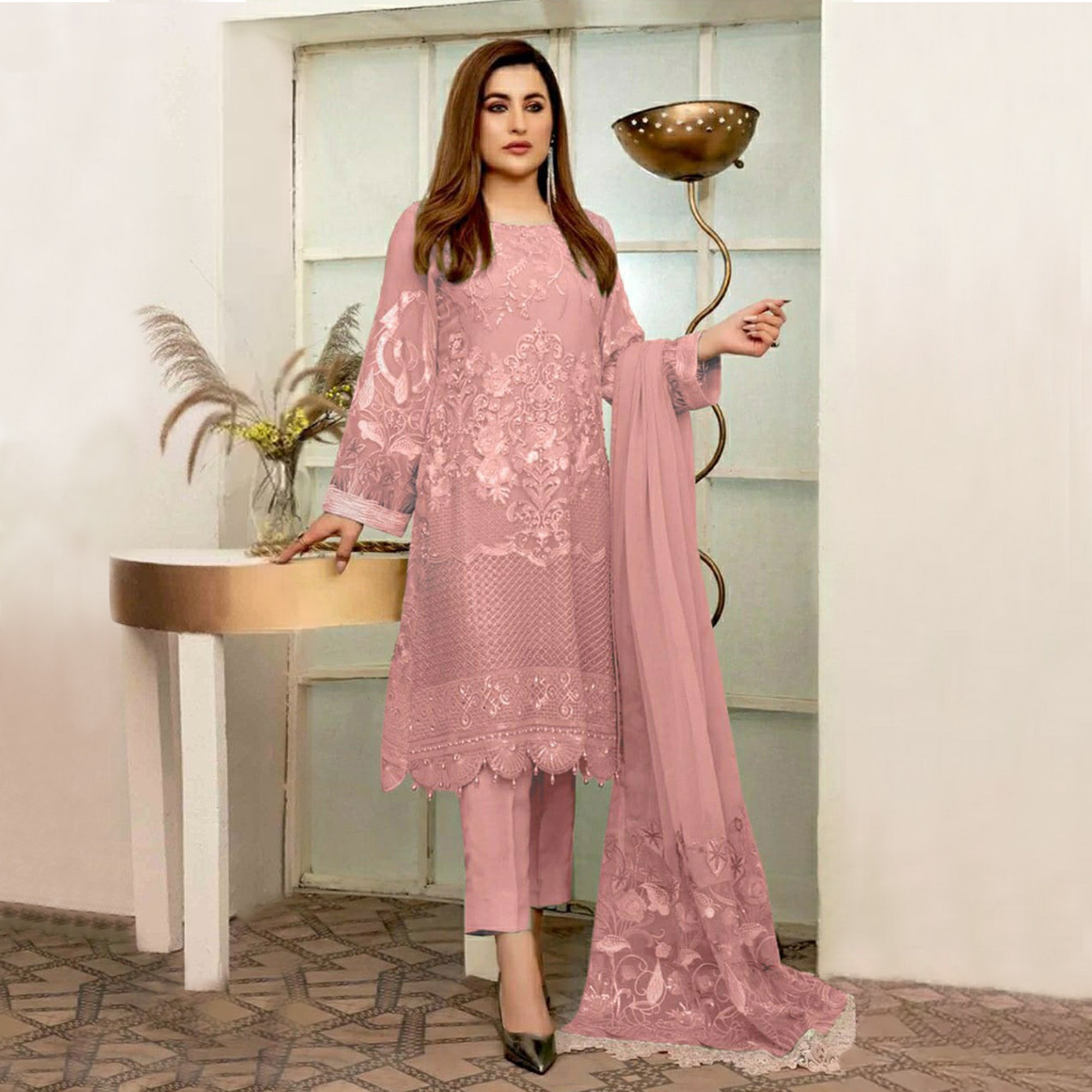 Pink Embroidered Georgette Pakistani Suit