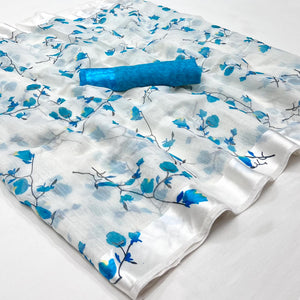 White Blue Floral Printed Linen Saree