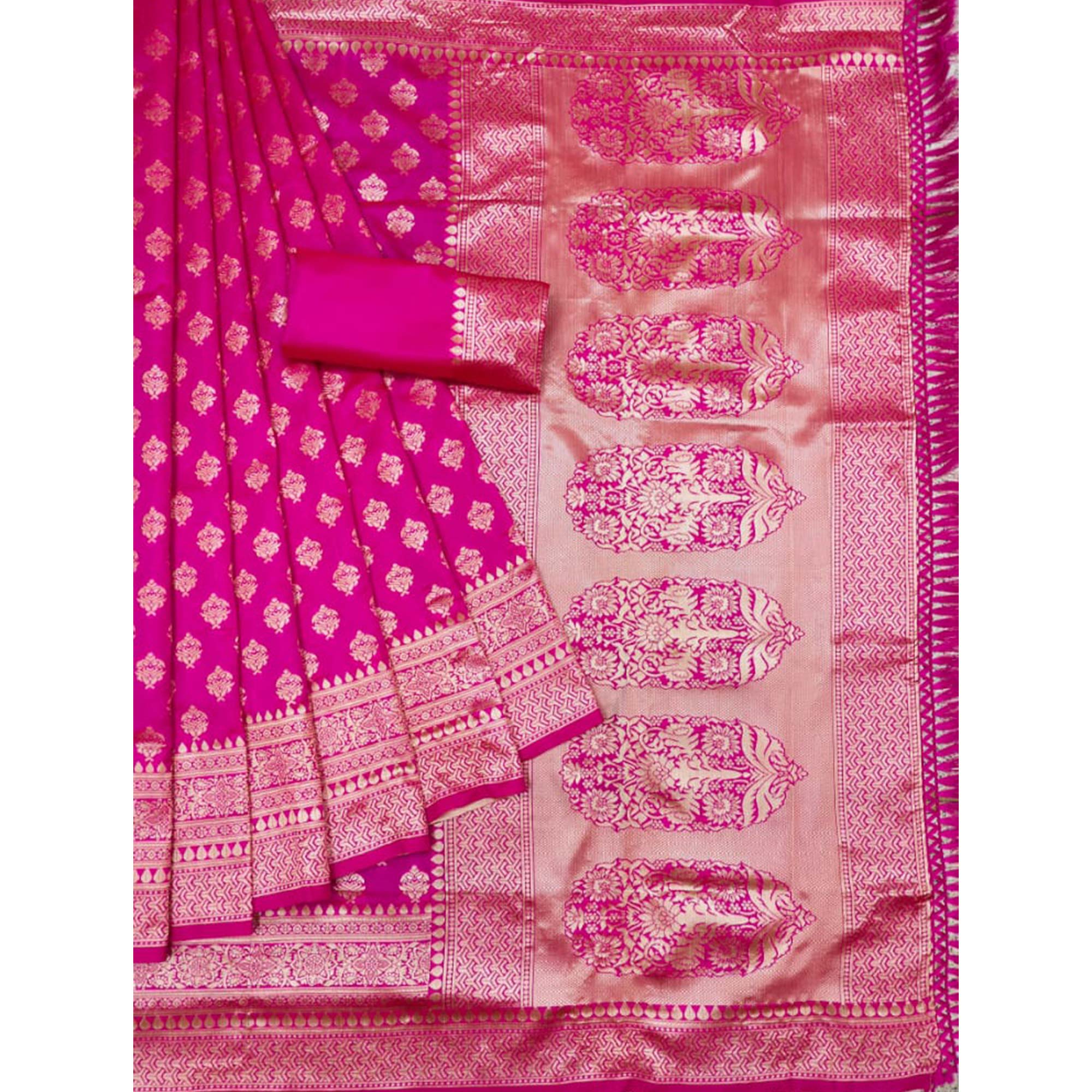 Pink Woven Jacquard Saree With Tassels