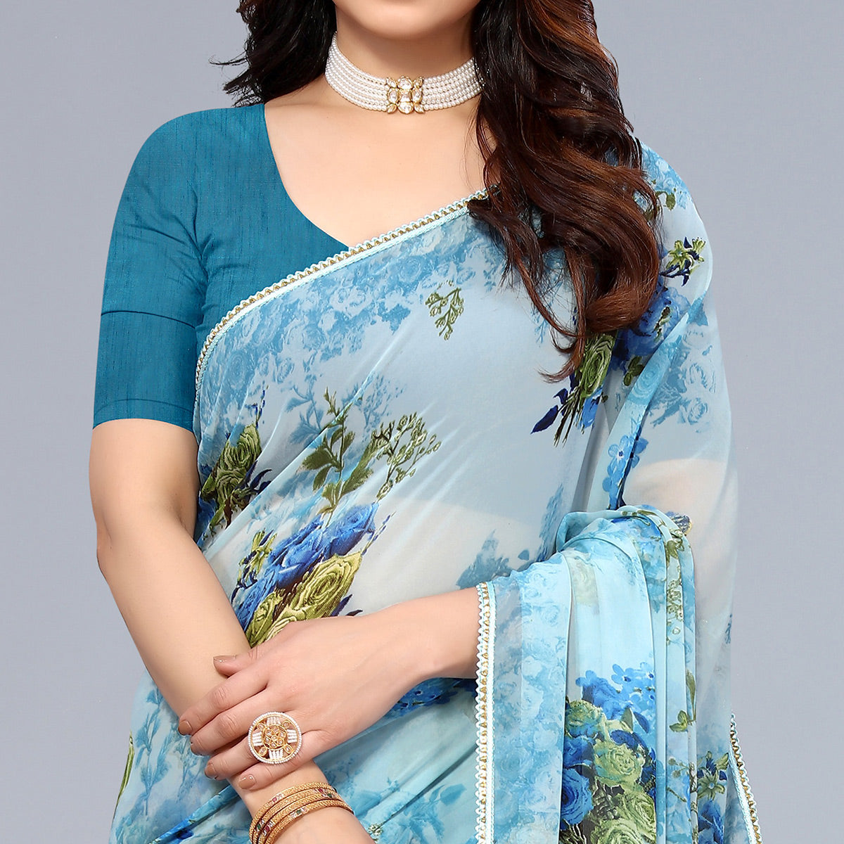 Sky Blue Floral Printed Georgette Saree