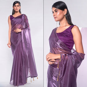 Vilote Solid Organza Saree With Tassels