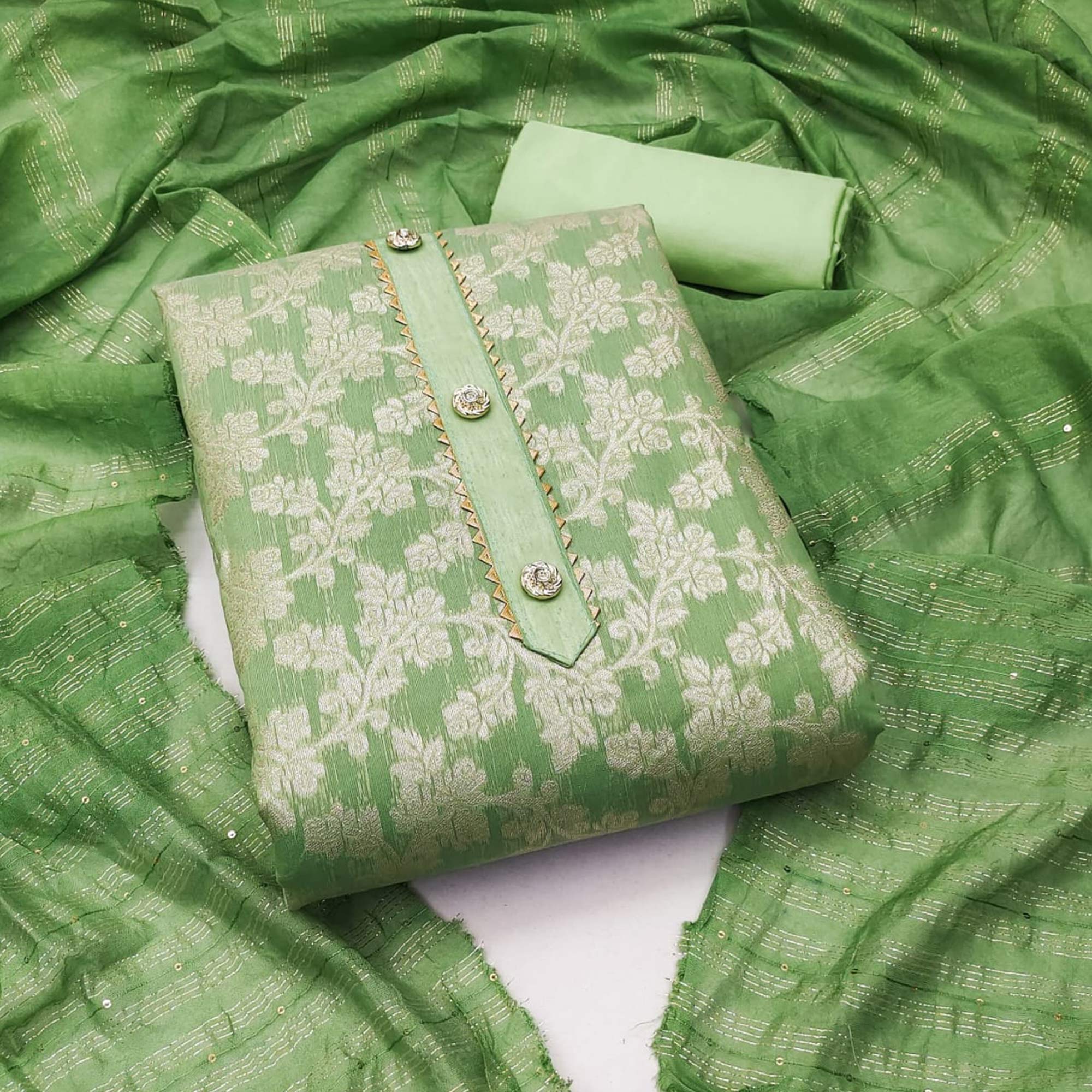 Pista Green Floral Woven Modal Dress Material