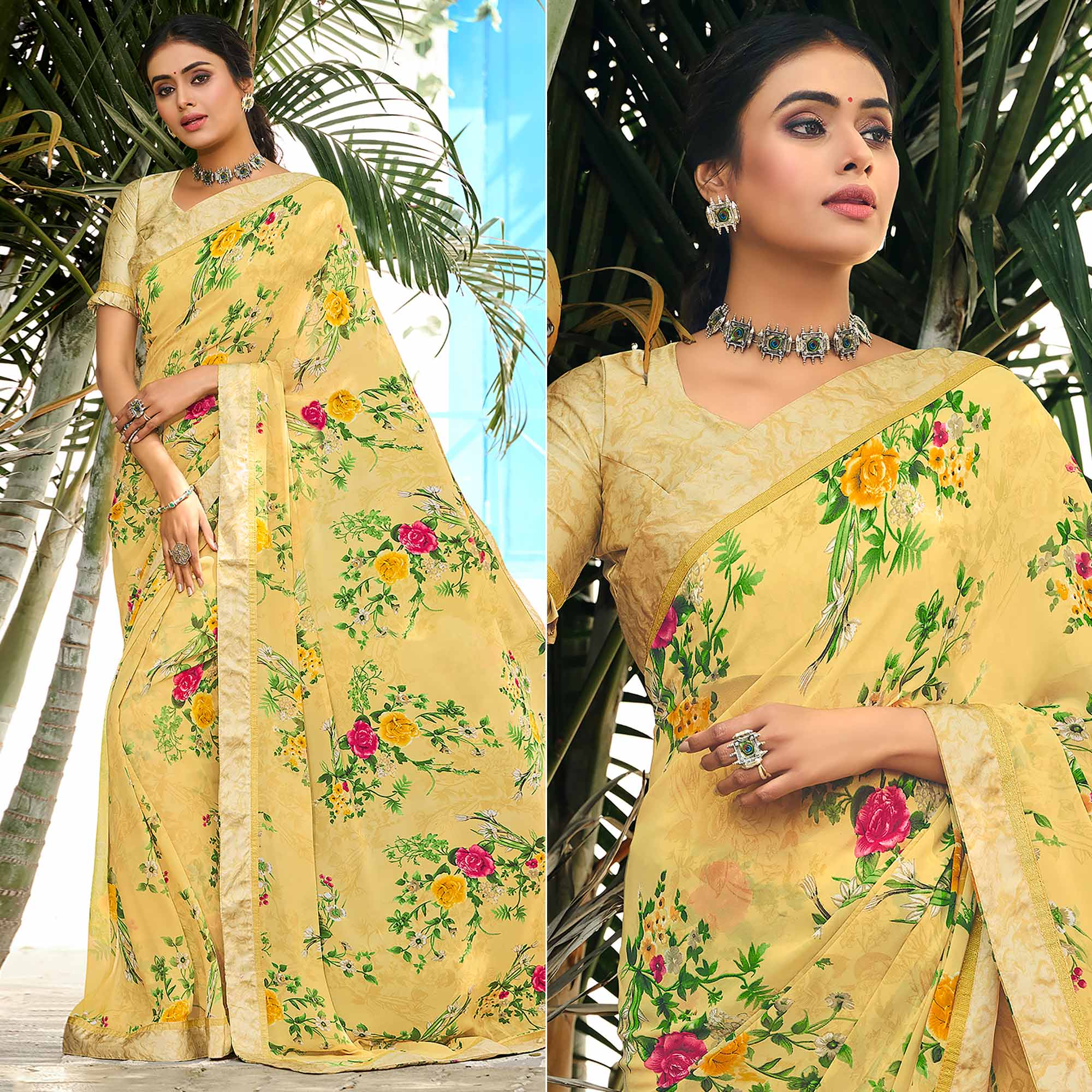 Lemon Yellow Floral Printed Georgette Saree