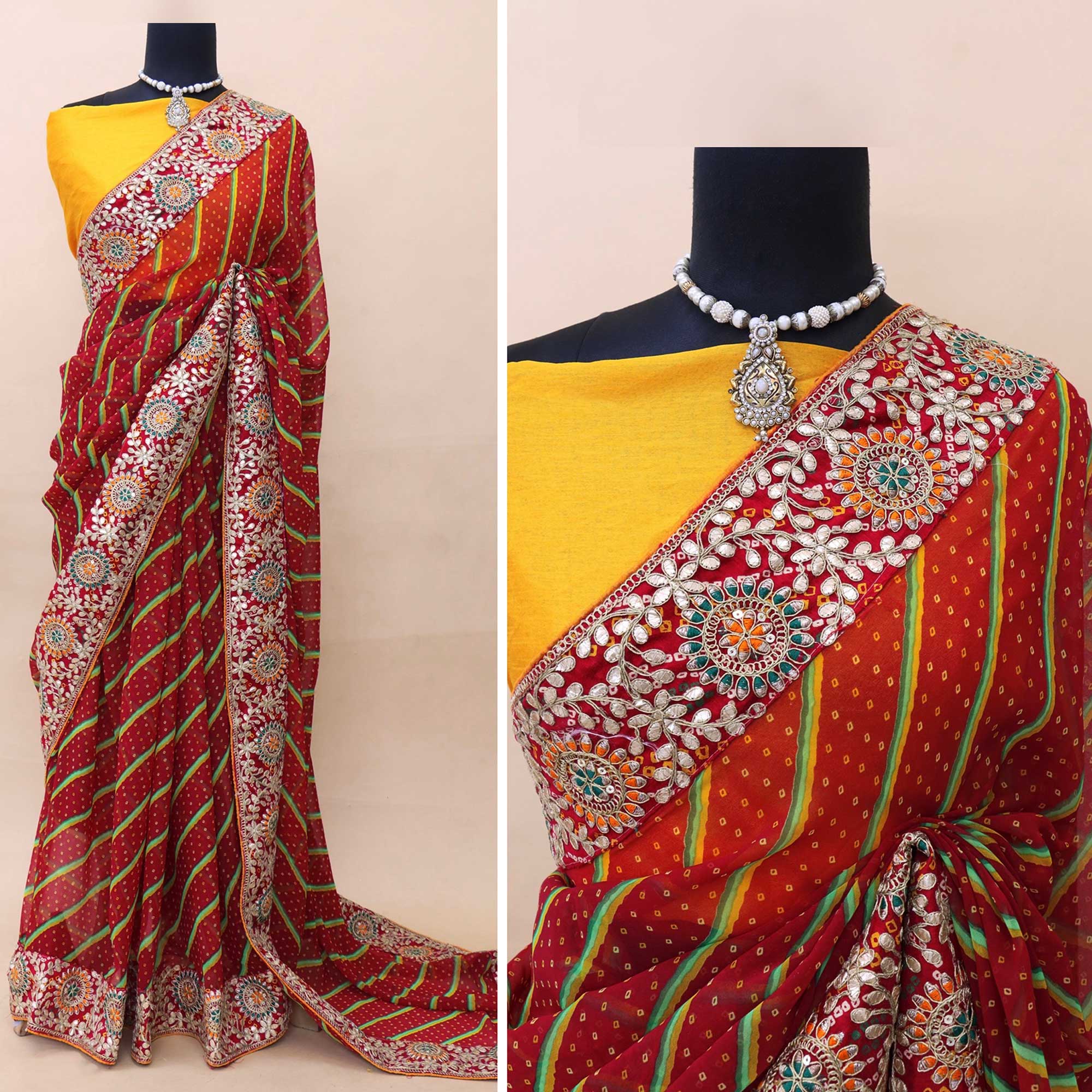 Red Bandhani Printed With Embroidered Border Georgette Saree