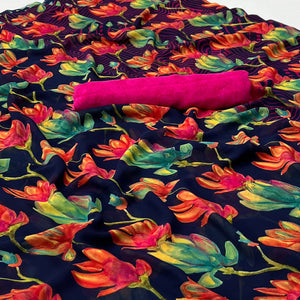 Navy Blue Floral Digital Printed Georgette Saree