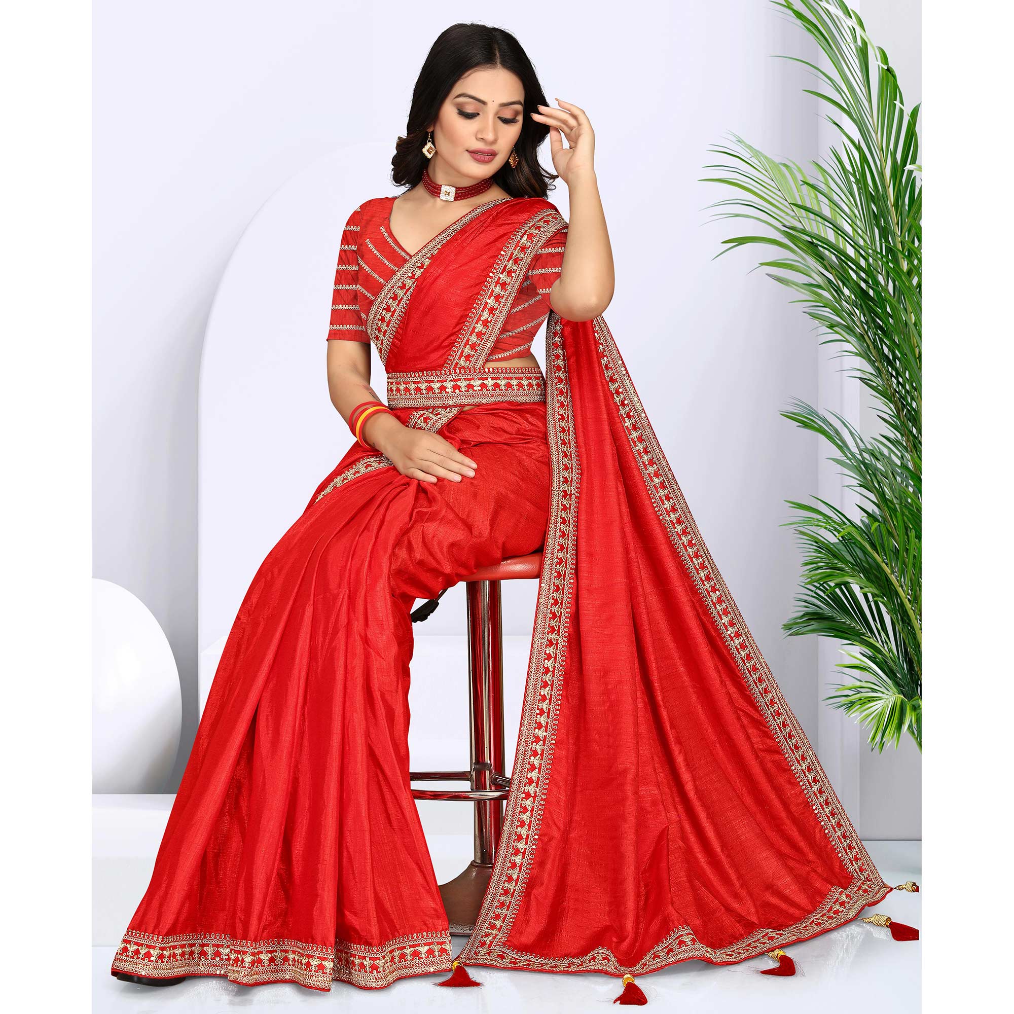 Red Sequins Embroidered Border Vichitra Silk Saree