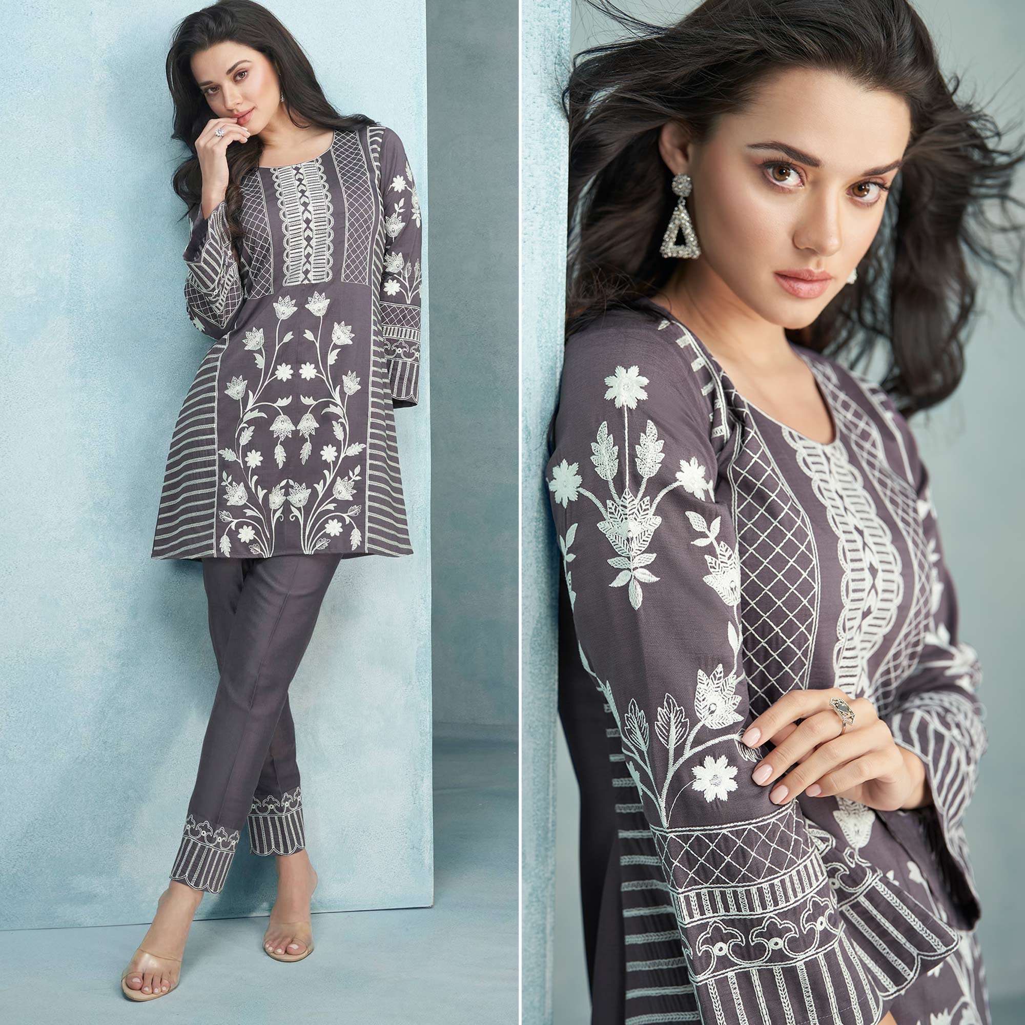 Grey Floral Embroidered Rayon Kurti Co Ord Set