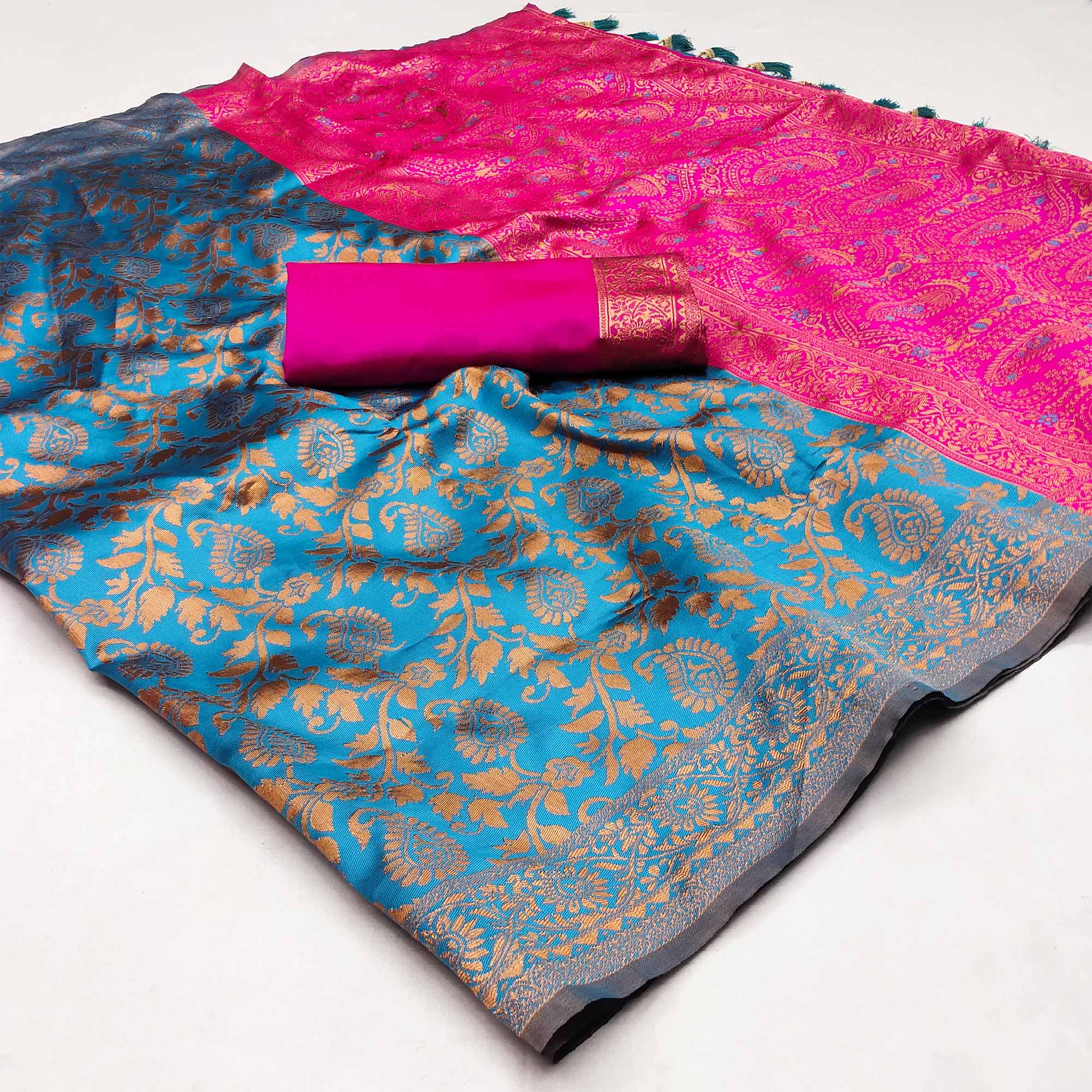 Blue Floral Woven Jacquard Saree