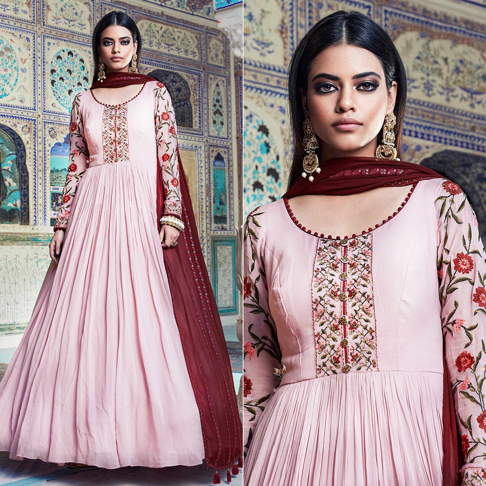Light Pink Floral Embroidered Georgette Gown