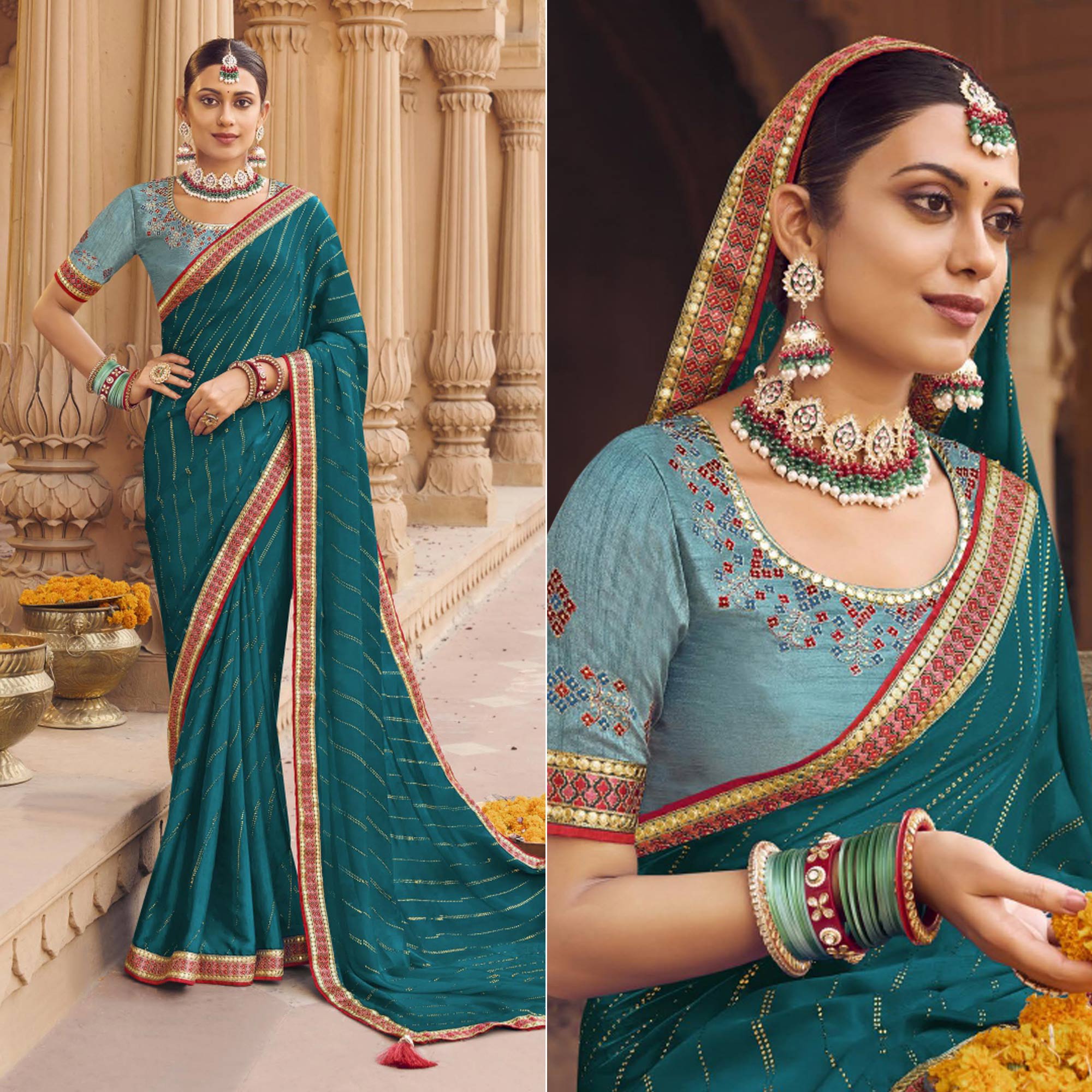Teal Blue Embellished With Embroidered Border Satin Saree