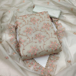 Grey Floral Embroidered Chanderi Dress Material
