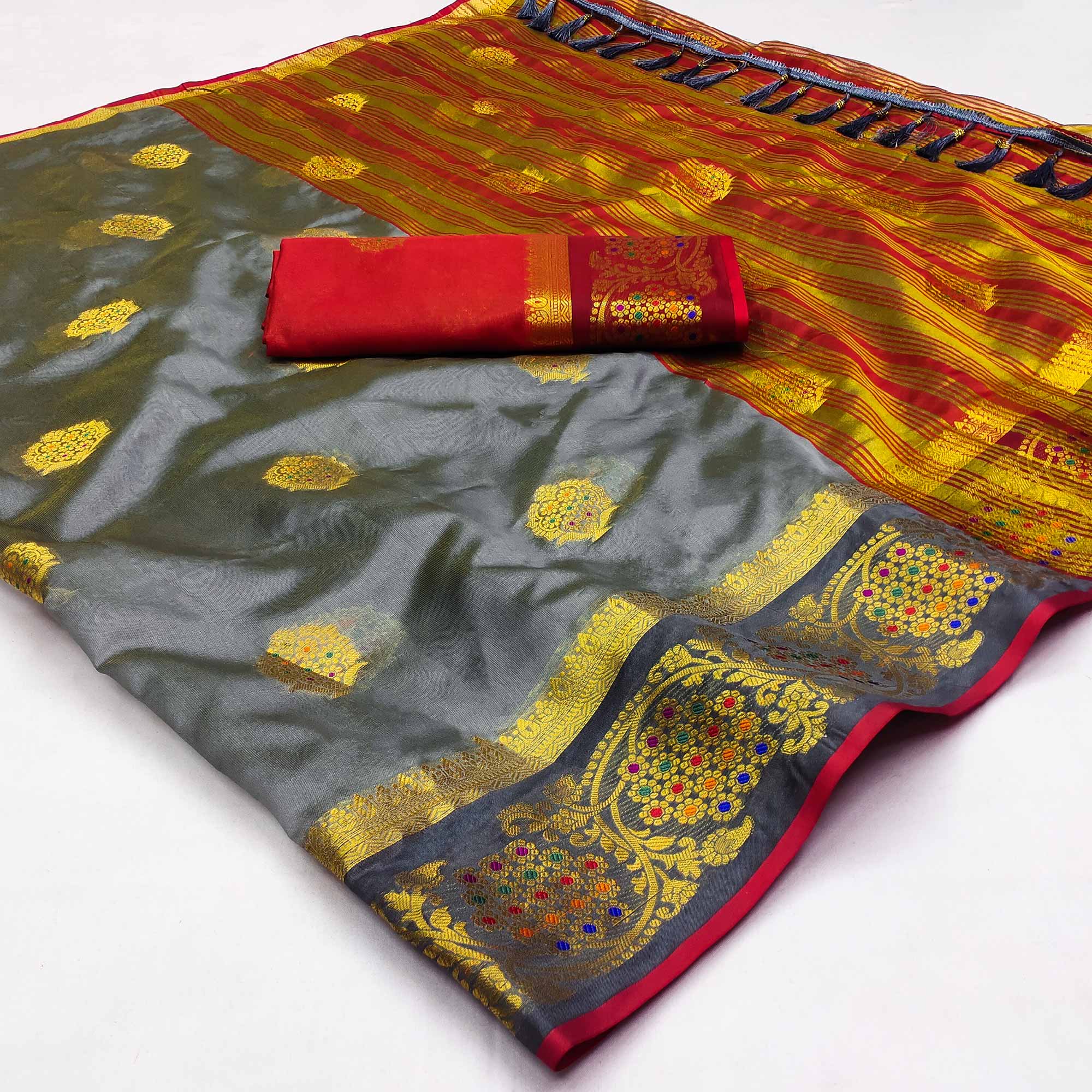 Grey Floral Woven Organza Saree With Tassels