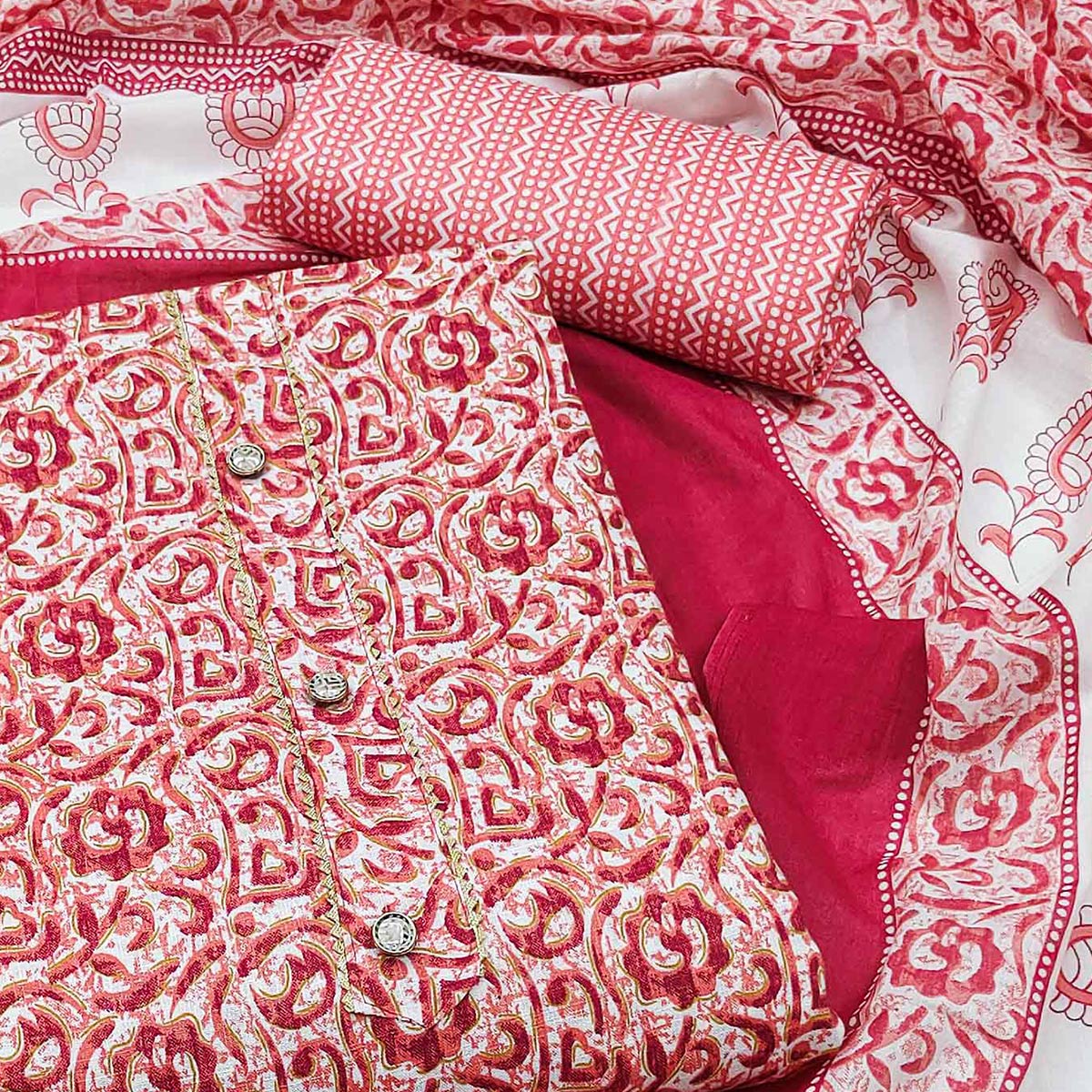 Pink Floral Printed Cotton Dress Material