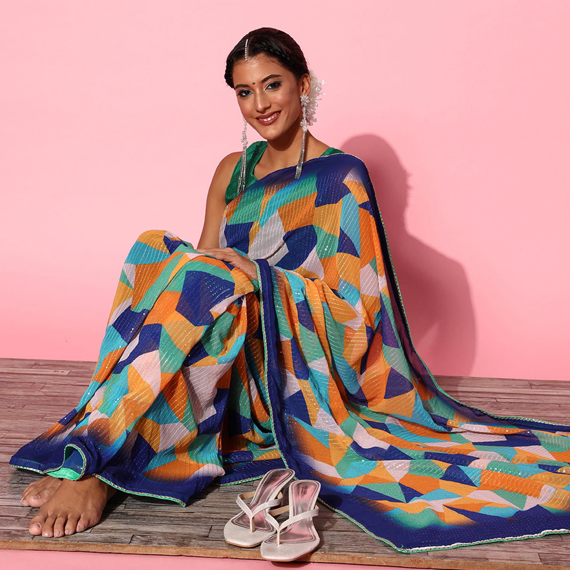 Multicolored Printed With Sequins Embroidered Georgette Saree