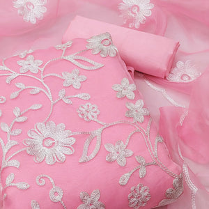 Pink Floral Embroidered Organza Dress Material