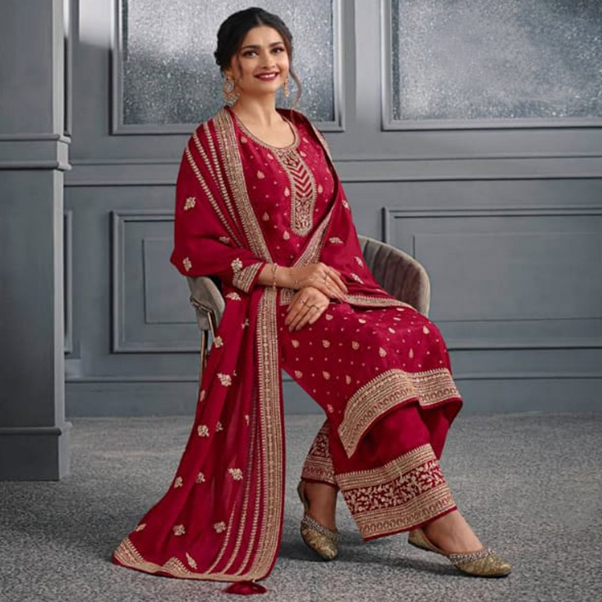 Red Woven With Sequins Embroidered Dola Silk Palazzo Suit