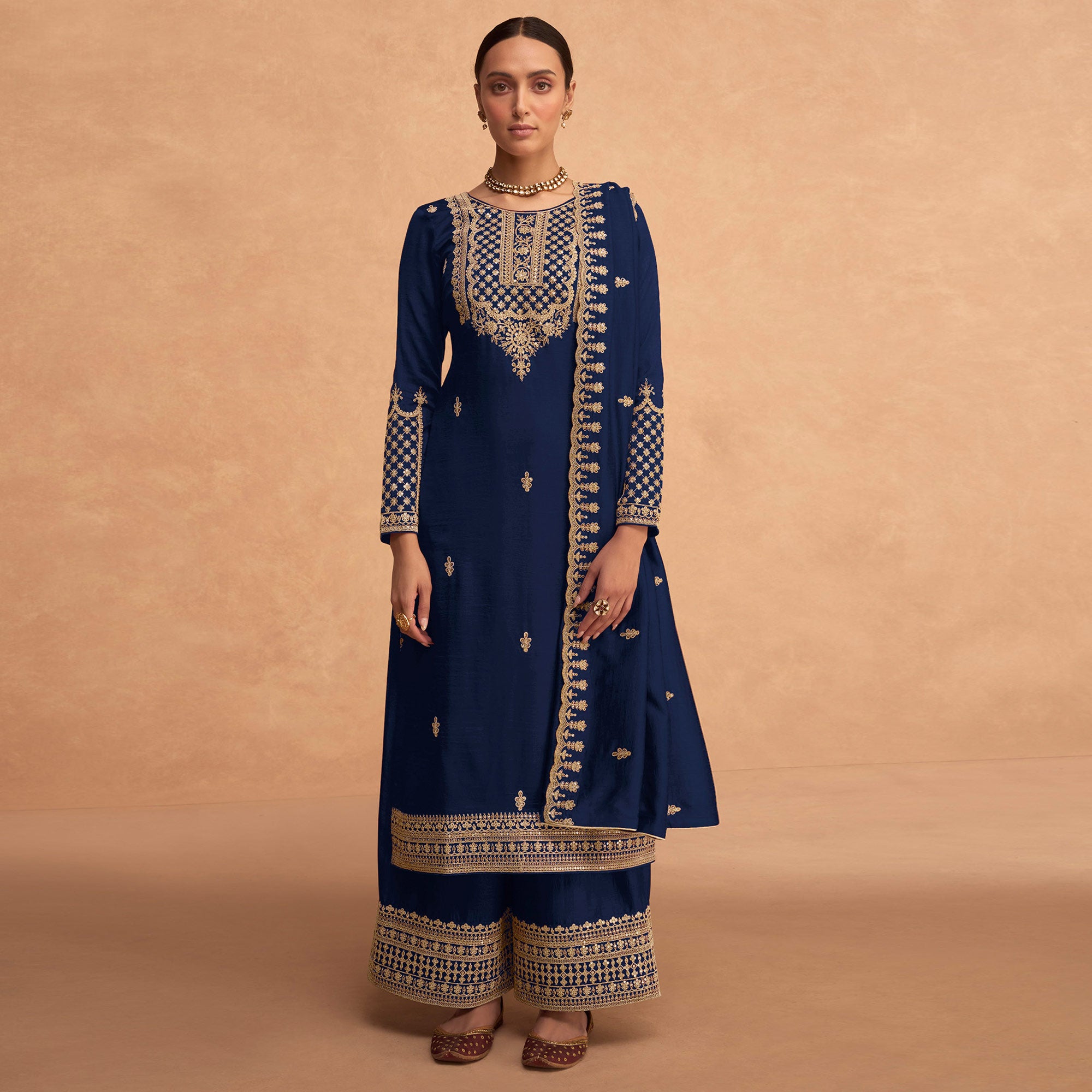 Blue Sequins Embroidered Georgette Palazzo Suit