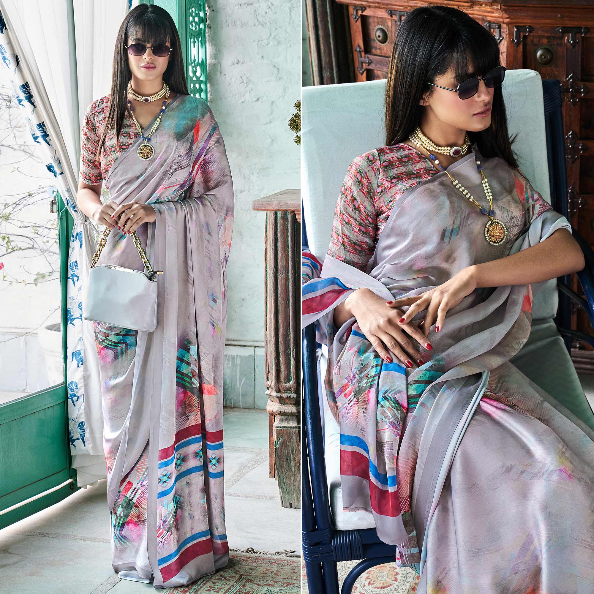 Grey Digital Printed Satin Saree
