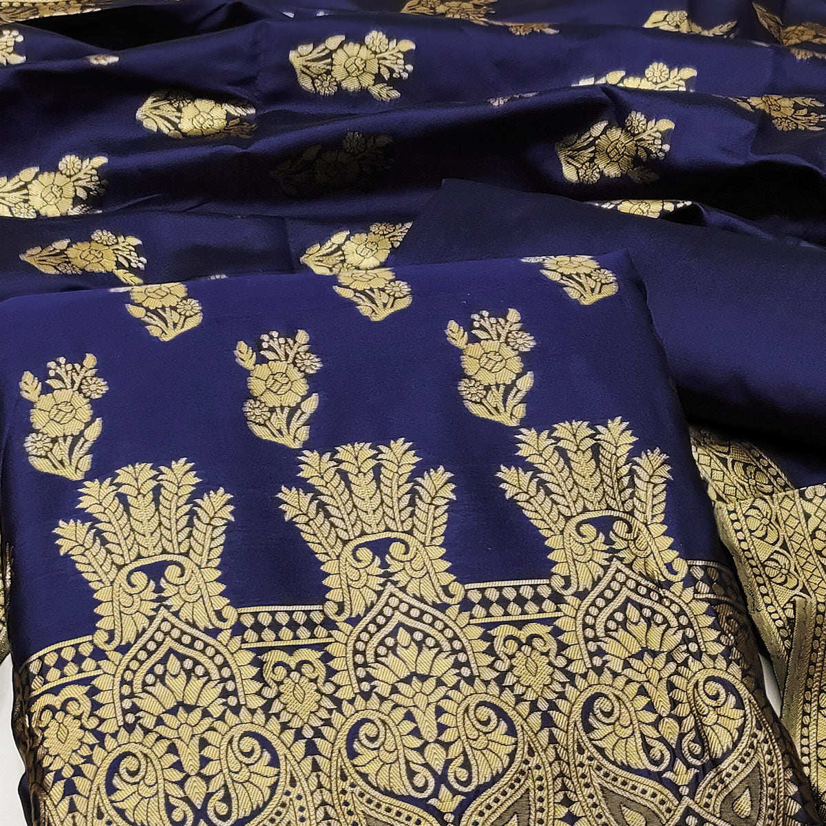 Navy Blue Floral Woven Jacquard Dress Material