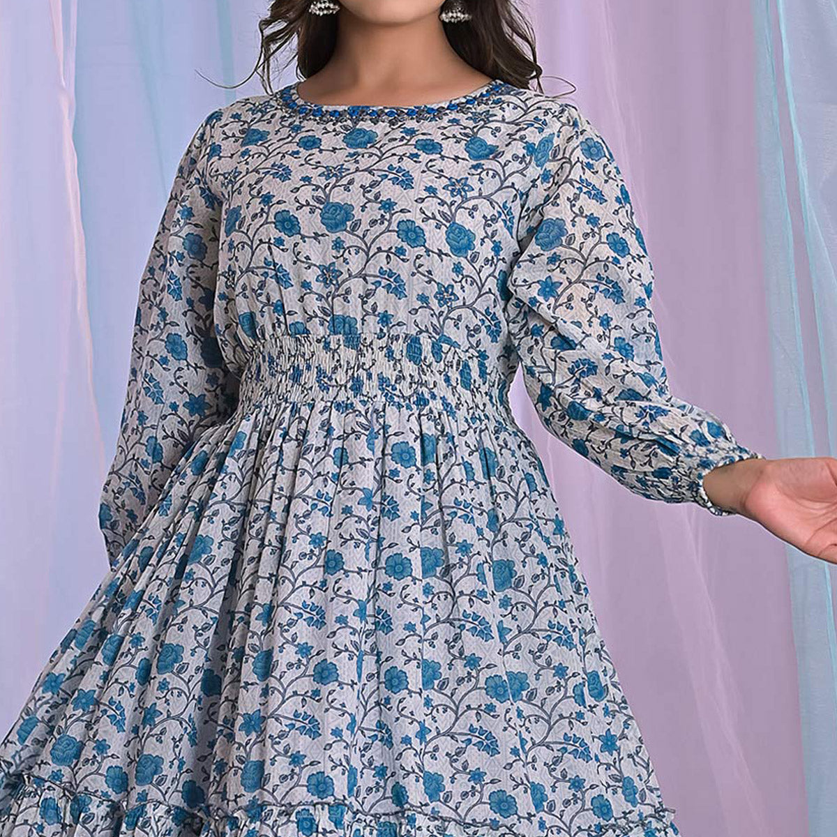 Blue Floral Printed Pure Cotton Dress