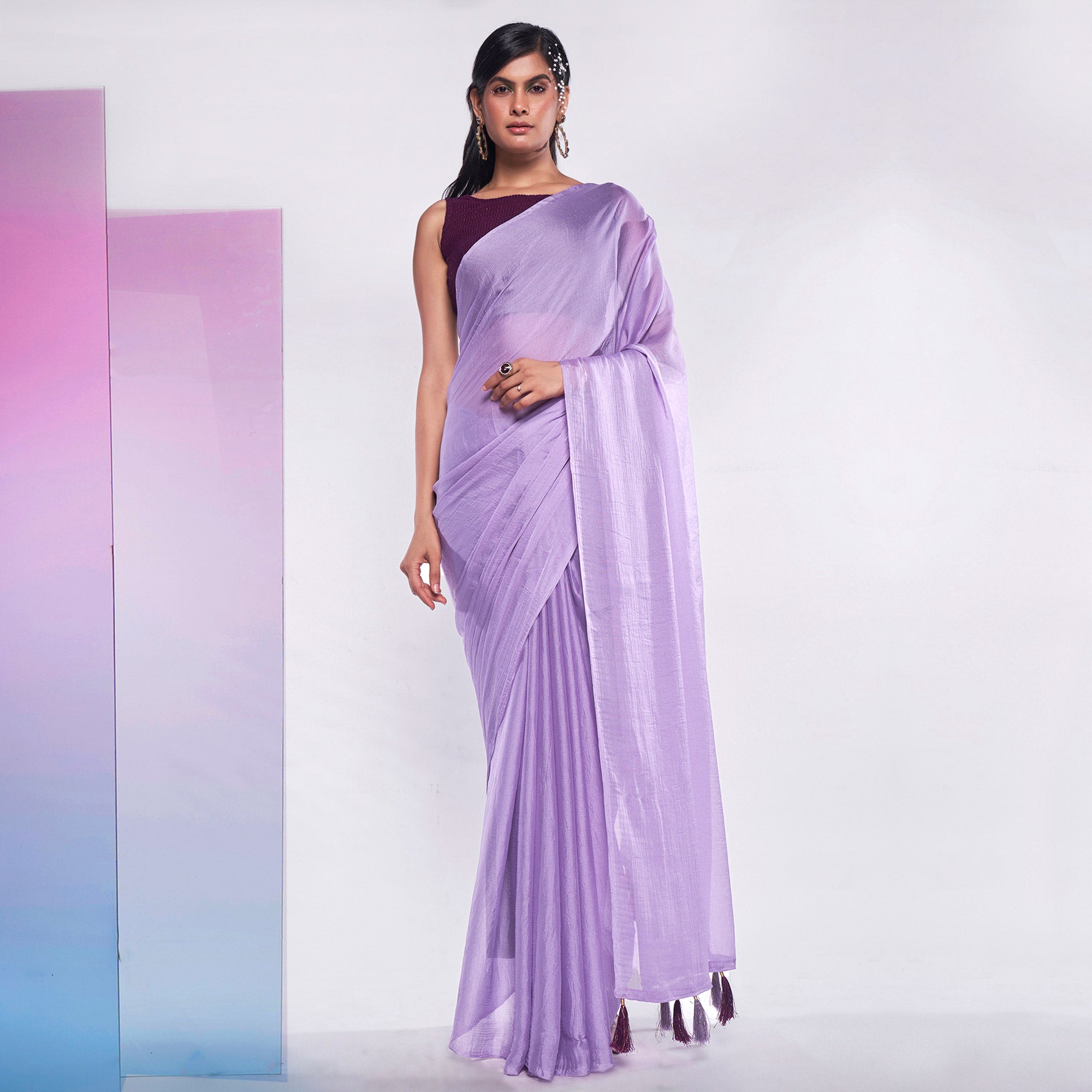 Purple Solid Georgette Saree With Tassels