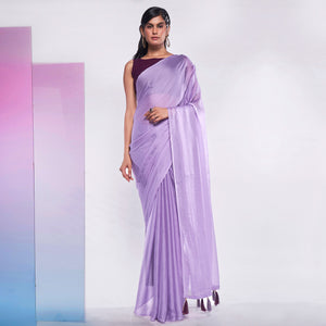 Purple Solid Georgette Saree With Tassels